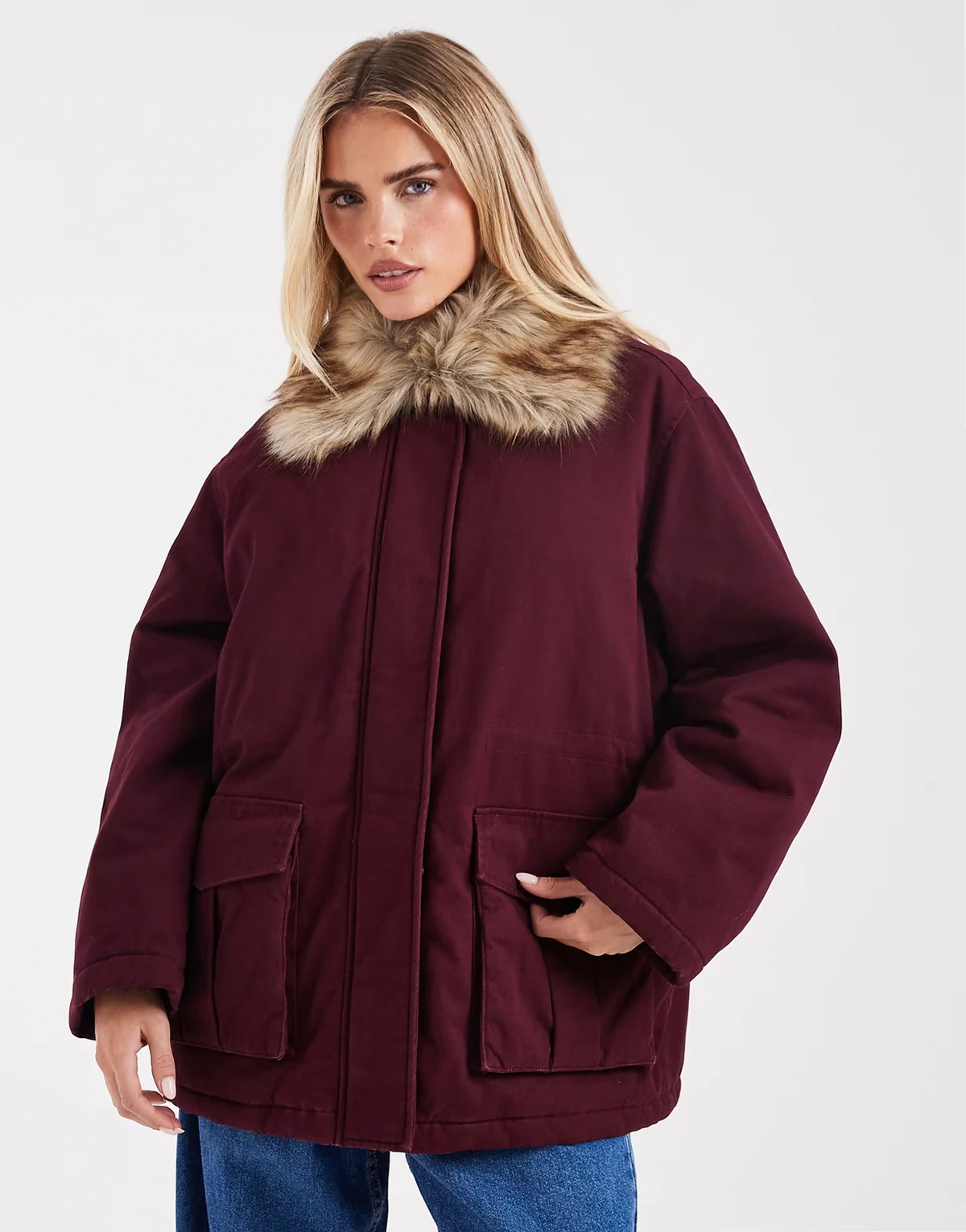 faux fur collar parka in burgundy