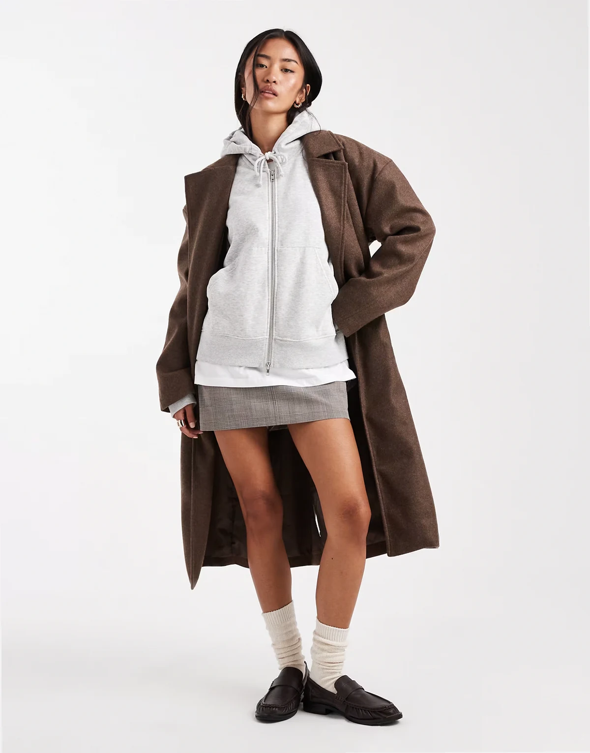 – Longline-Jacke aus Wollimitat in Braun mit Gürtel