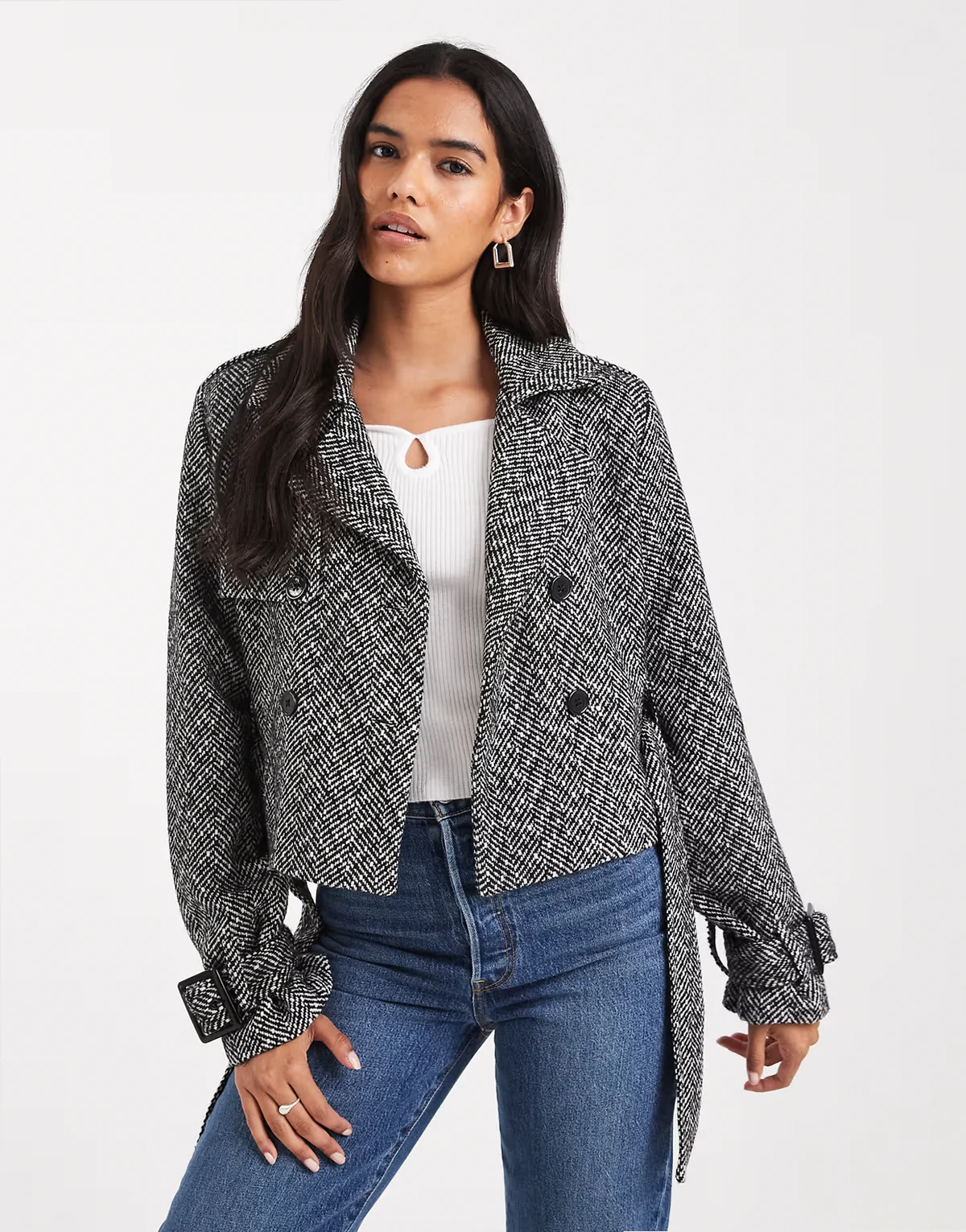 – Zweireihige Cropped-Jacke mit Fischgrätmuster