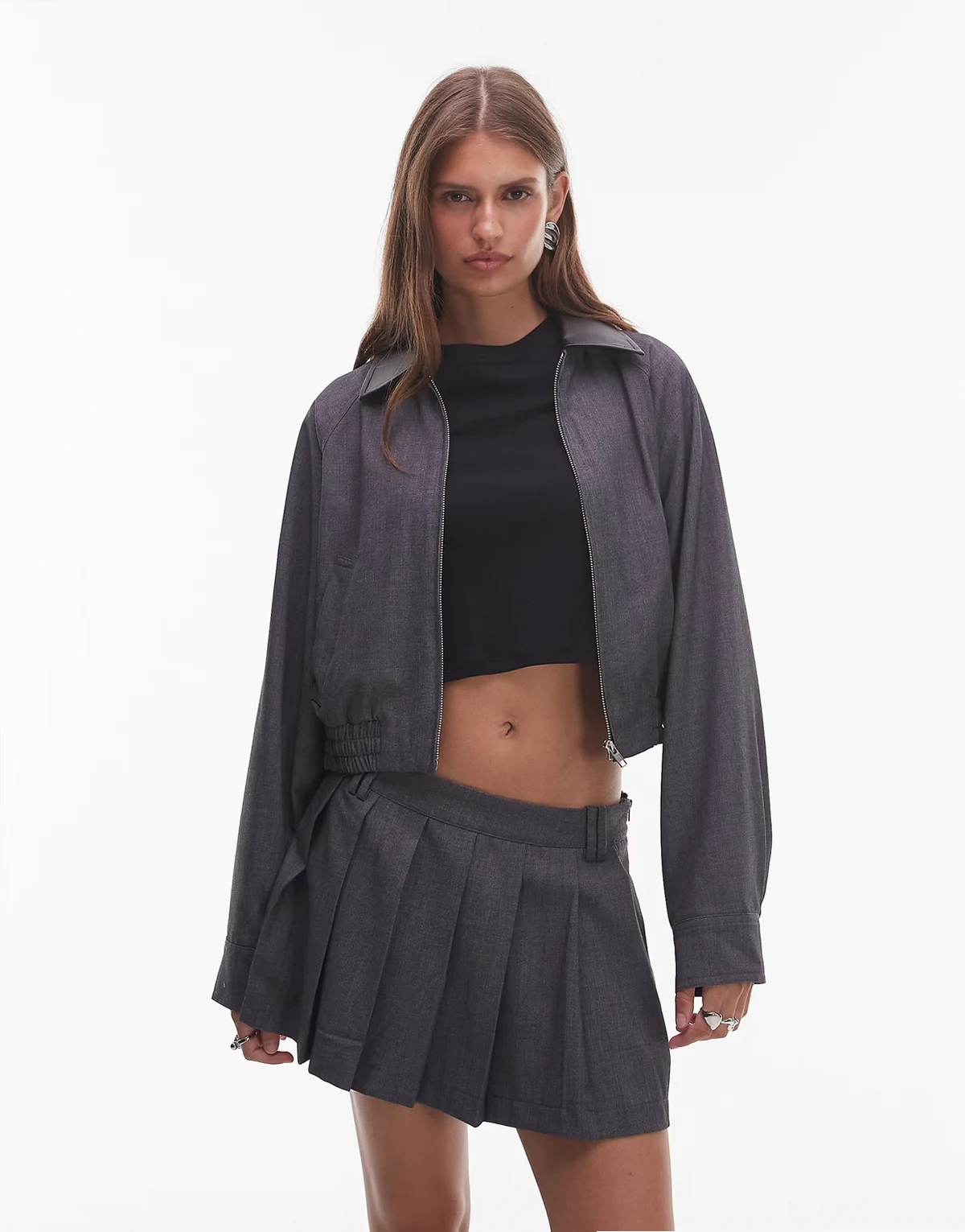 Daniel cropped bomber jacket with collar in charcoal