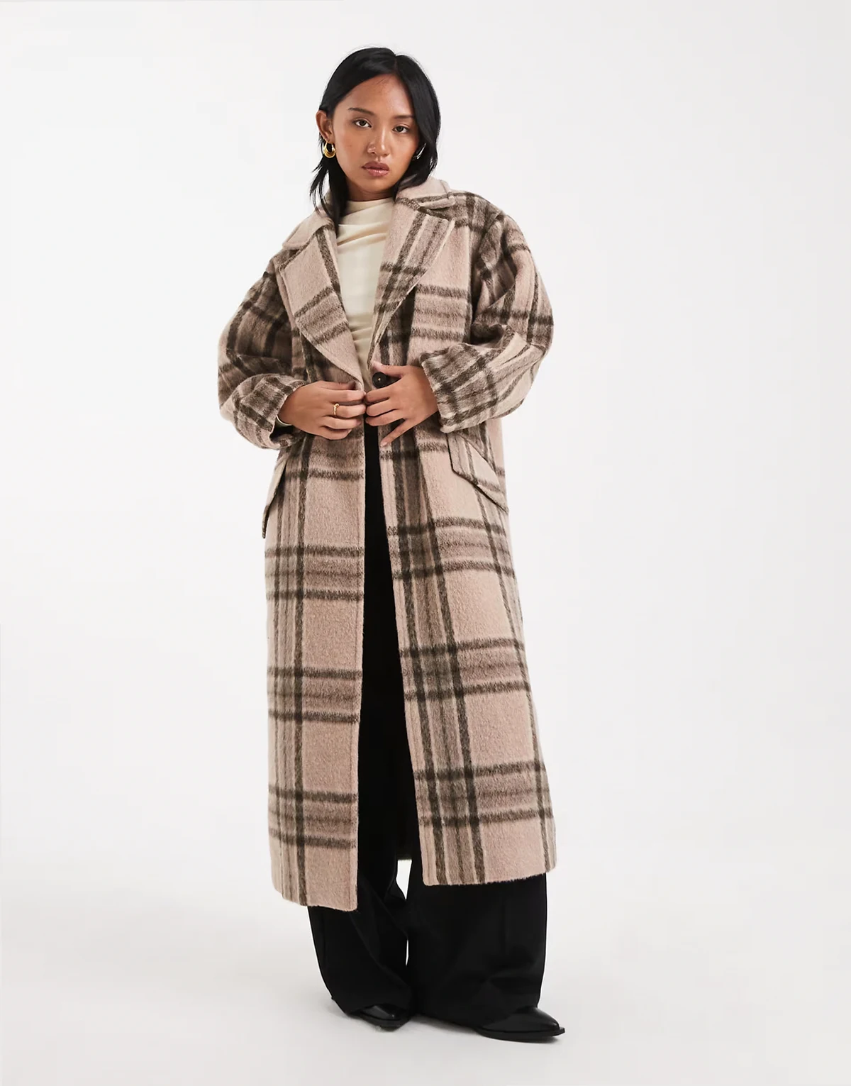 ASOS DESIGN Petite brushed formal throw on coat in stone plaid
