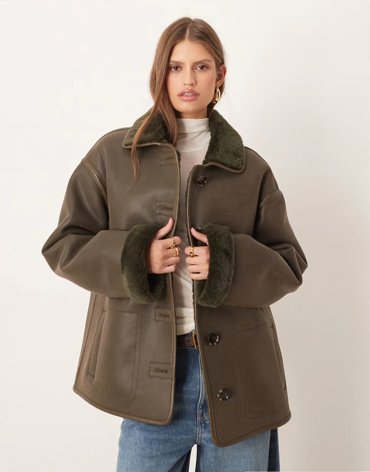 reversible borg jacket in khaki