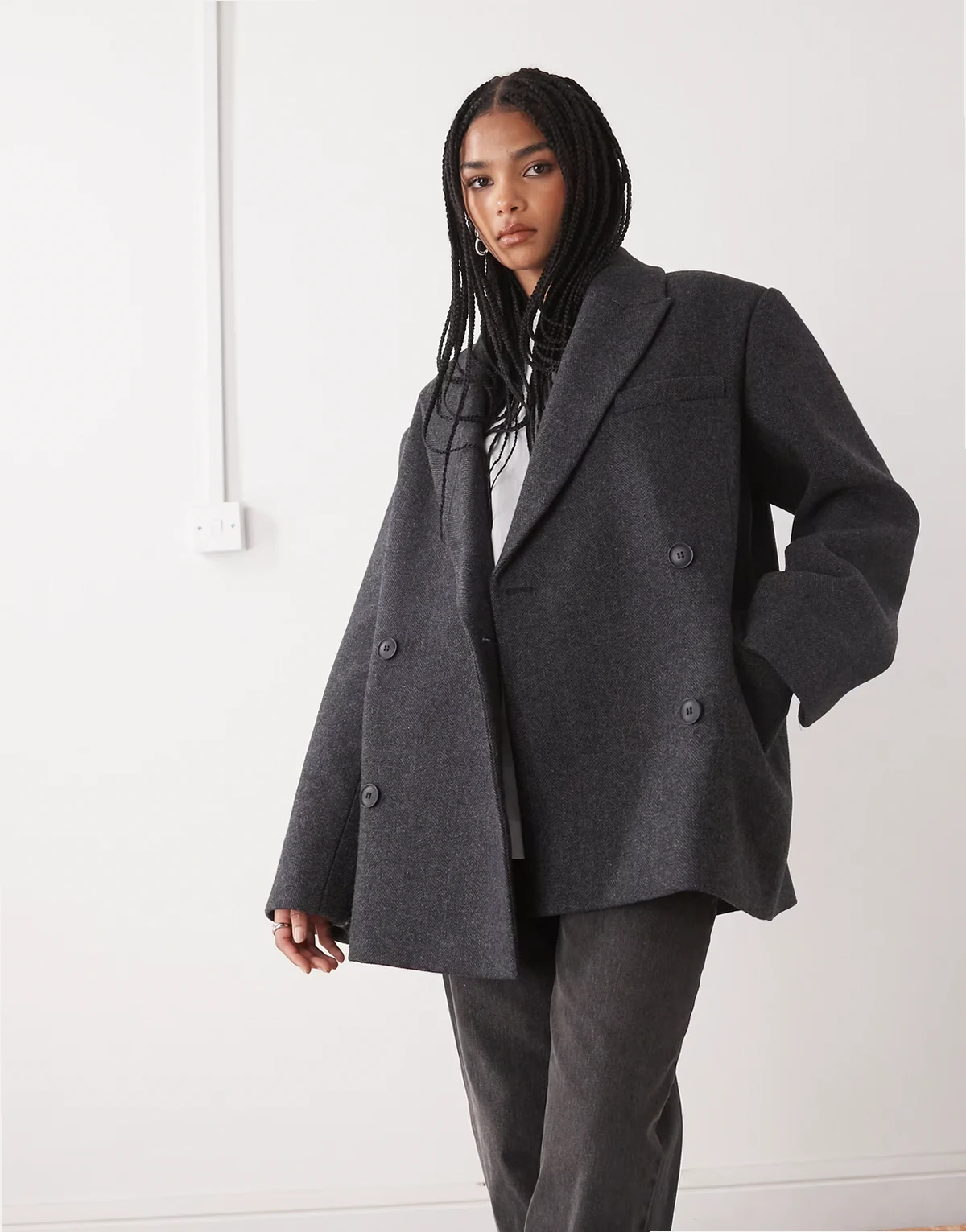 wool look oversized double breasted blazer jacket in dark gray herringbone