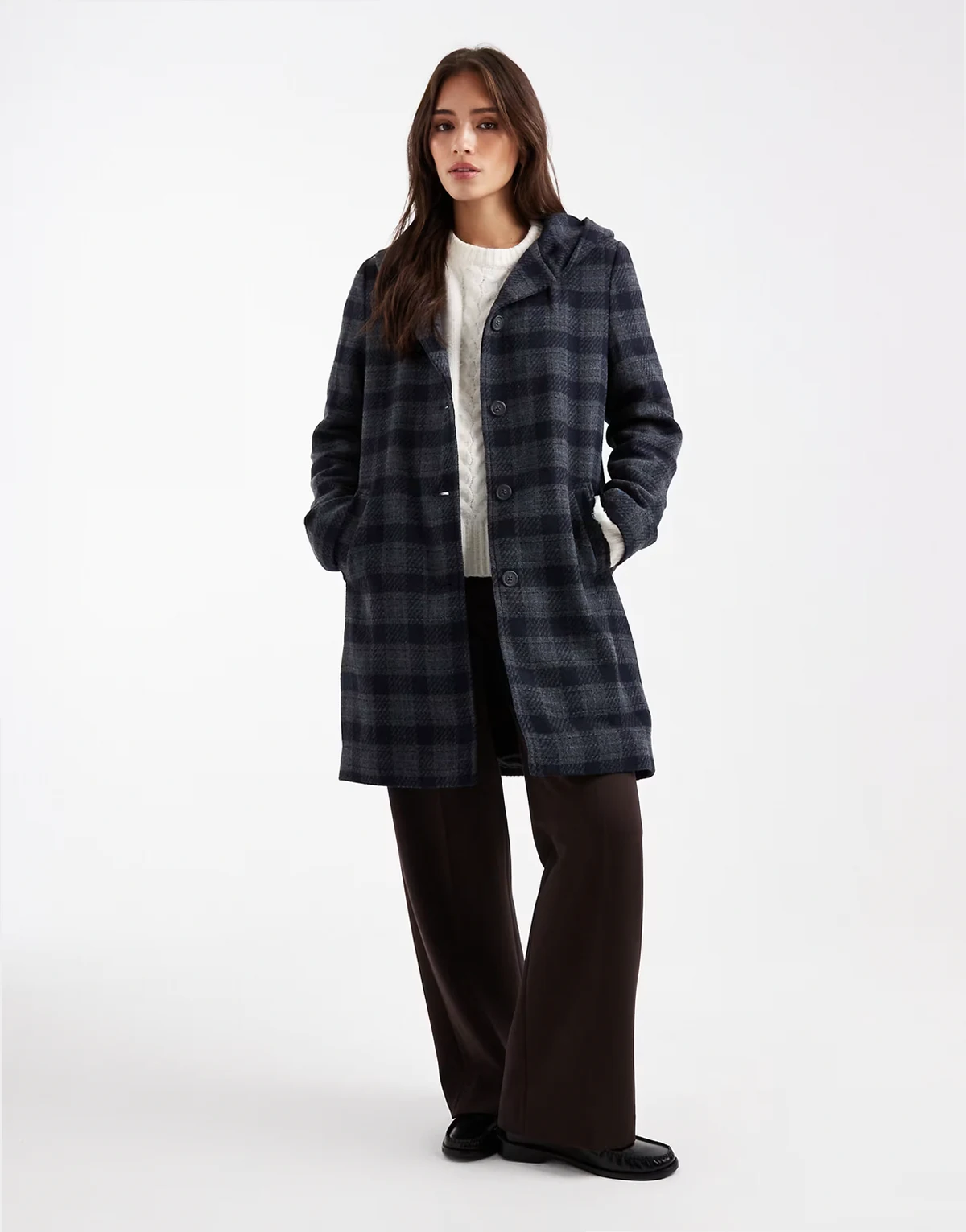 Teen tailored hooded coat in blue plaid