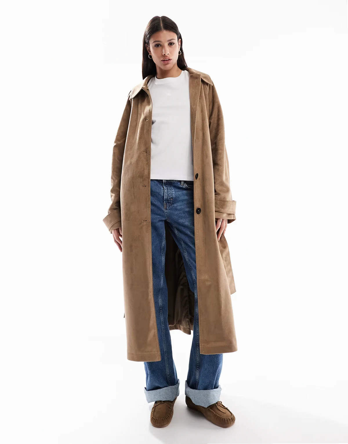 ASOS DESIGN Tall – Wildlederimitat-Trenchcoat in Steinbeige mit Trichterkragen