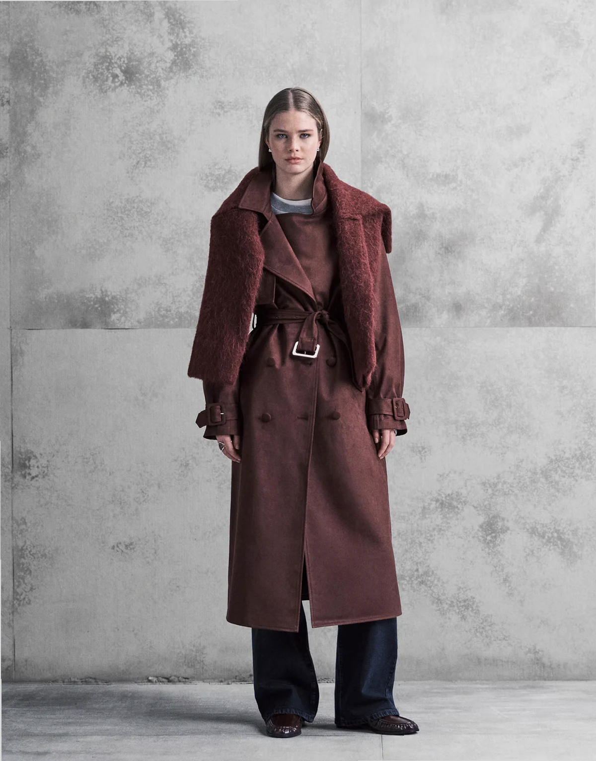 Exclusive faux suede oversized collar detail belted trench coat in plum