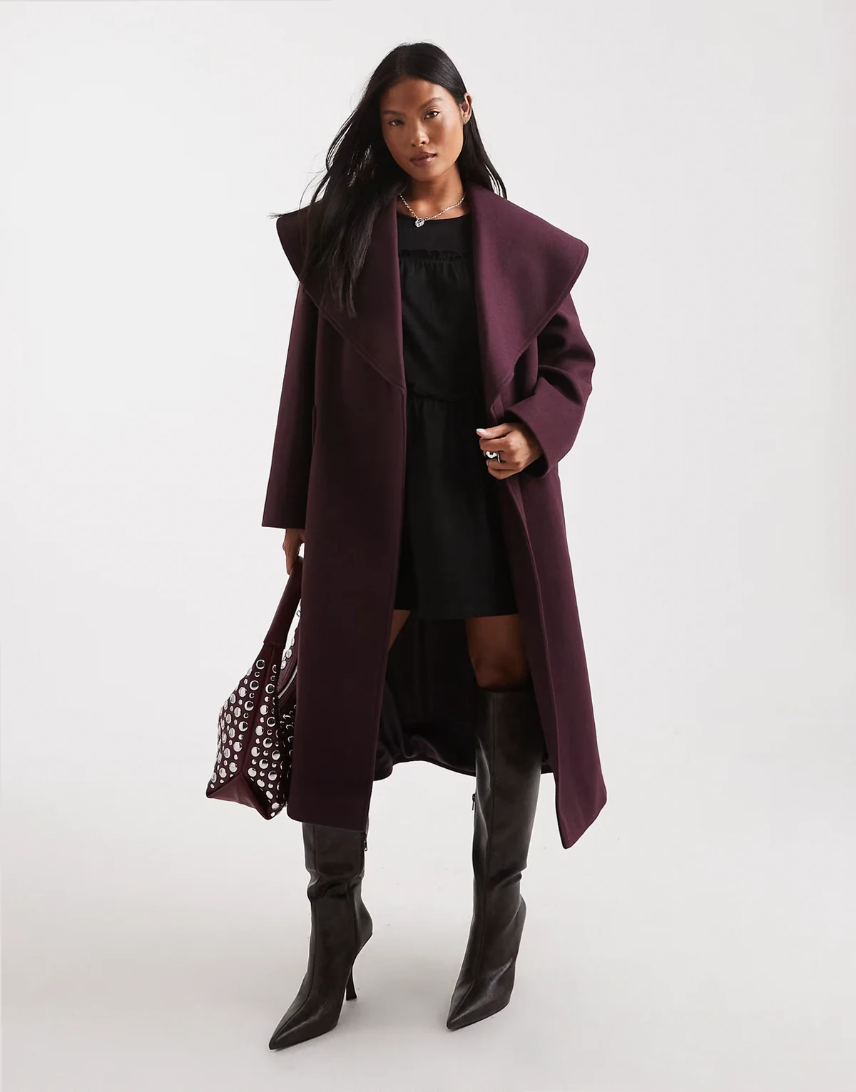 formal wrap coat in plum