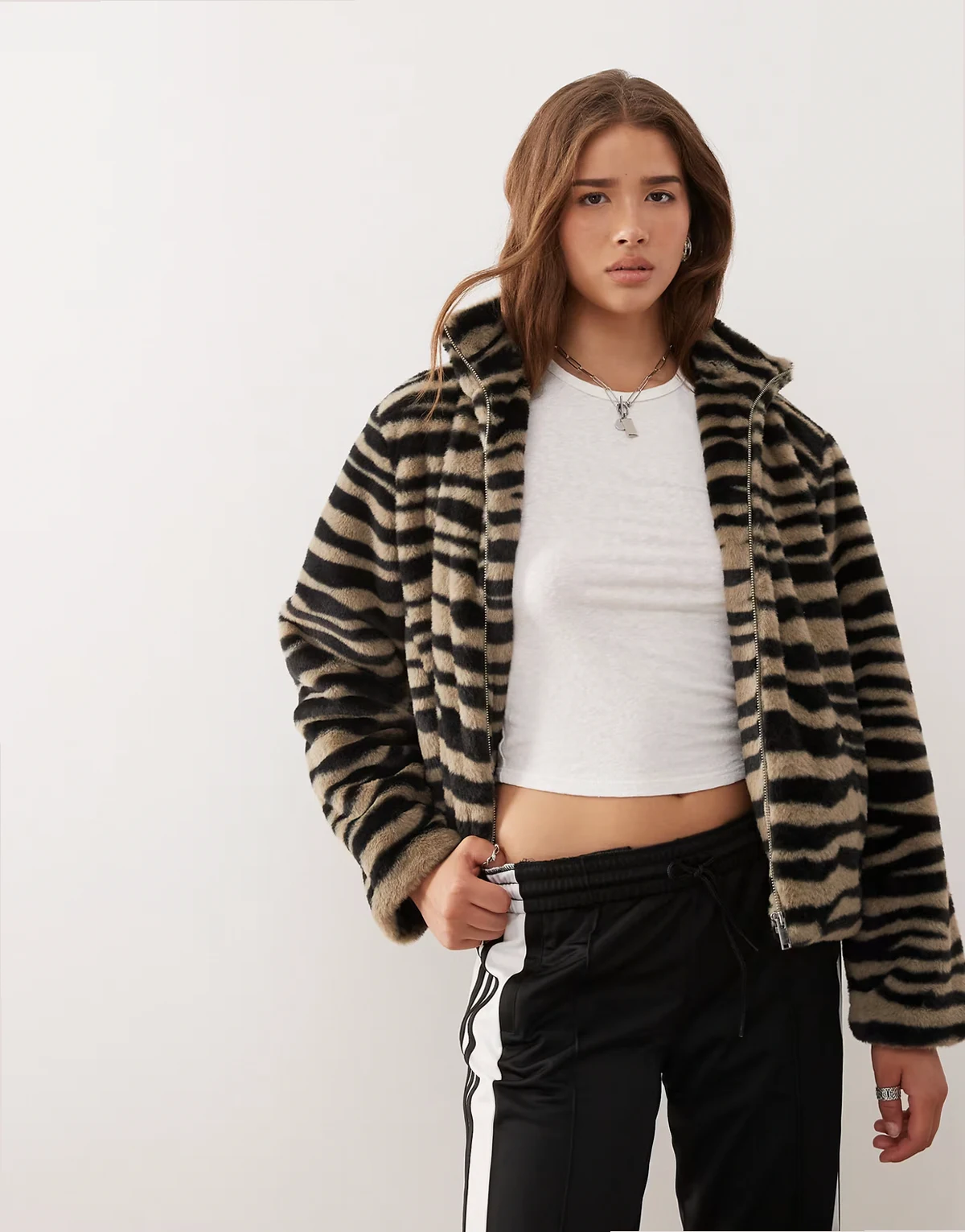 funnel neck faux fur jacket in gray zebra