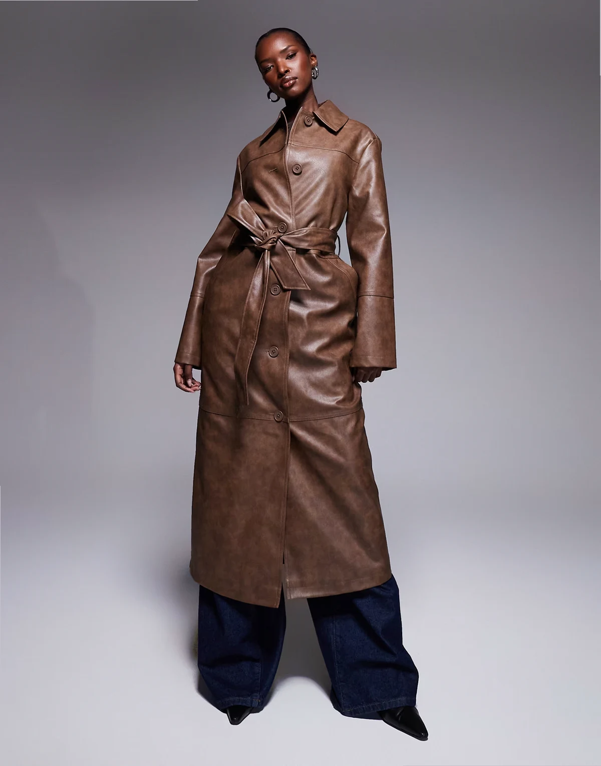 exclusive leather look button up belted maxi coat in vintage brown