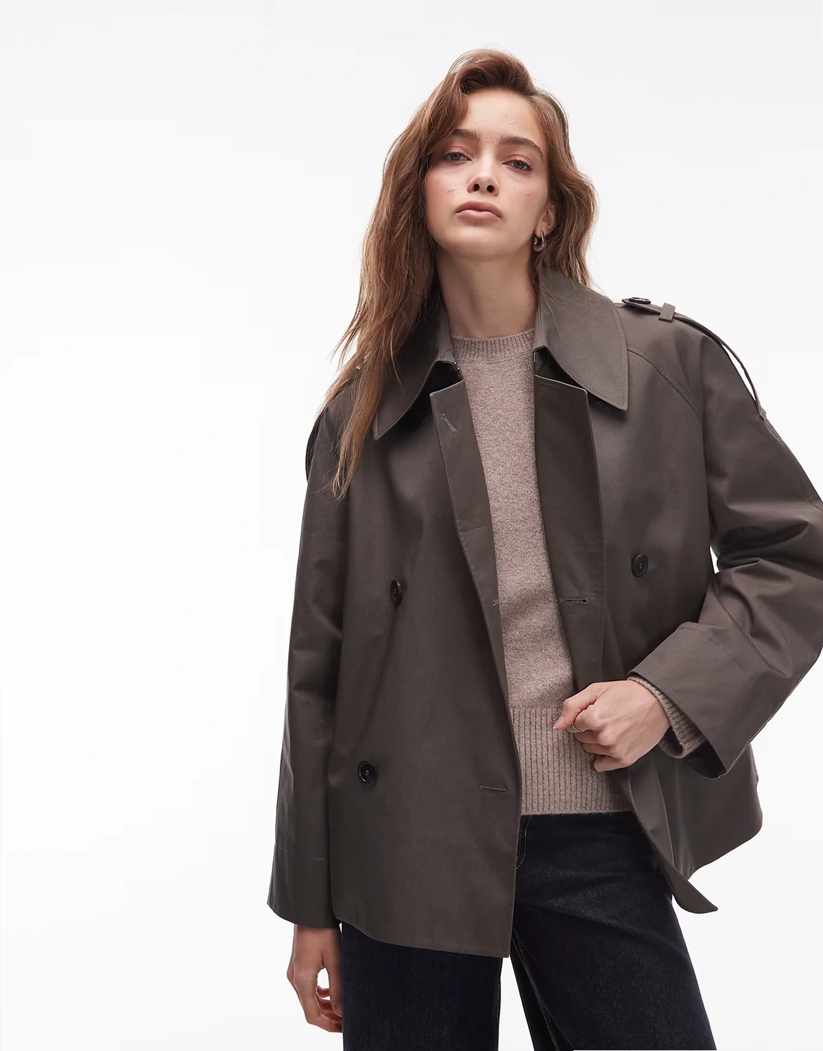 bold shoulders short trench jacket in dark green
