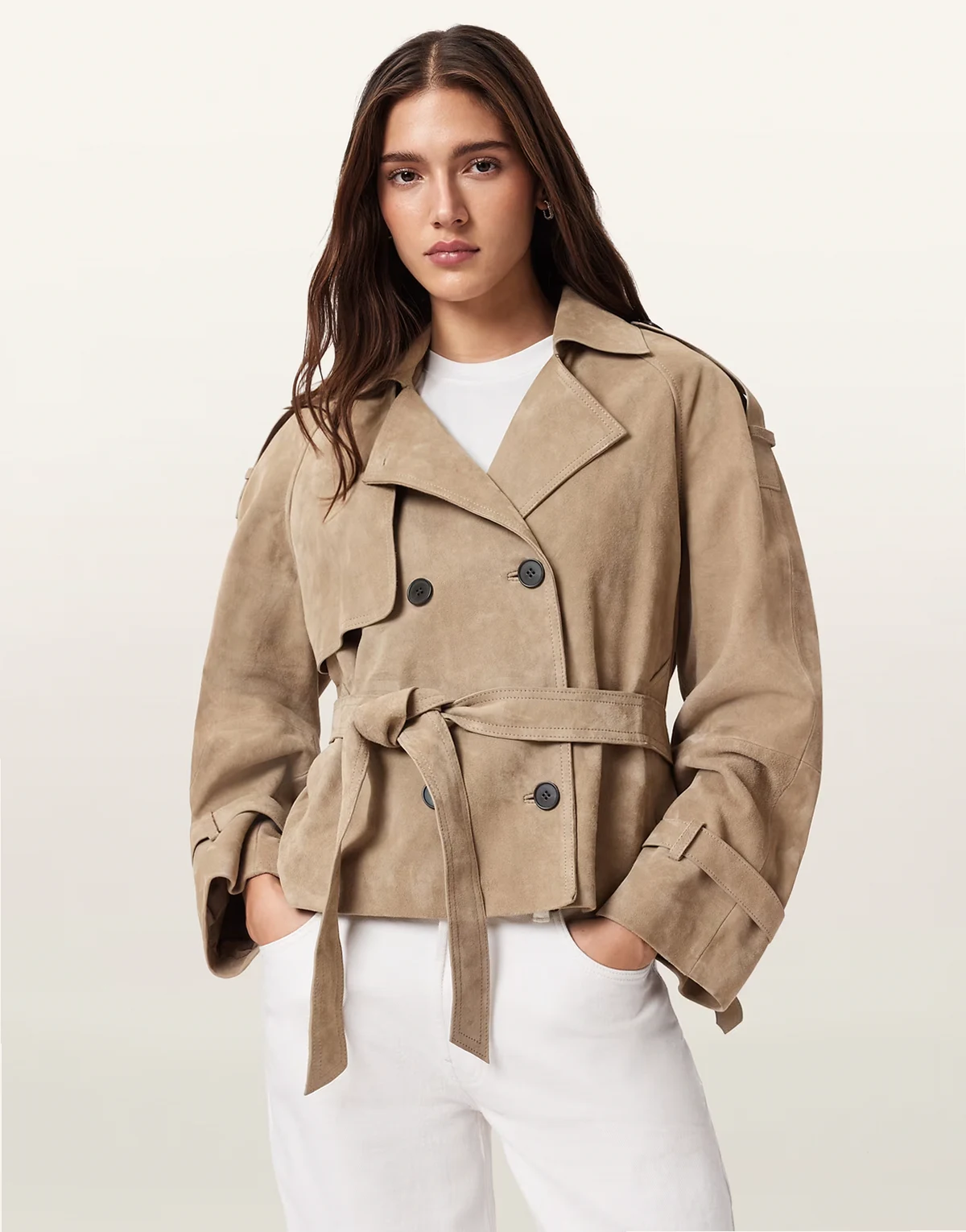reed short belted suede trench coat in taupe