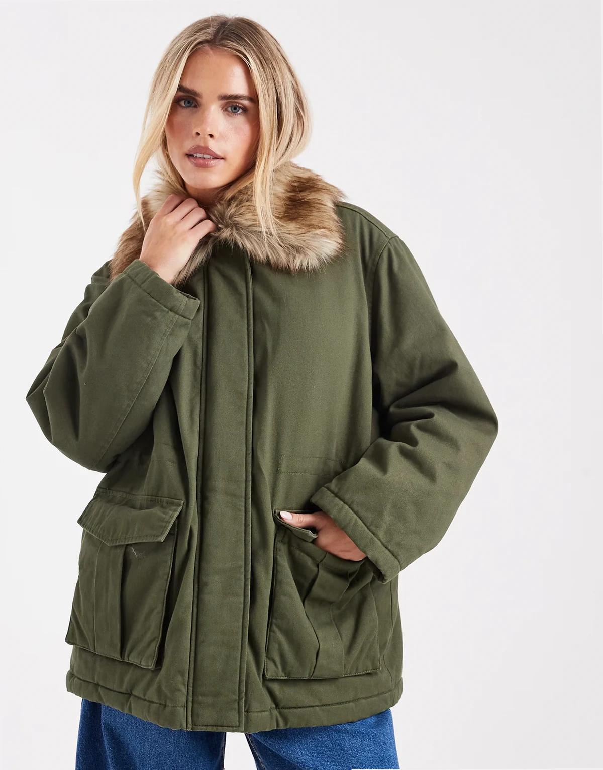 faux fur collar parka in khaki