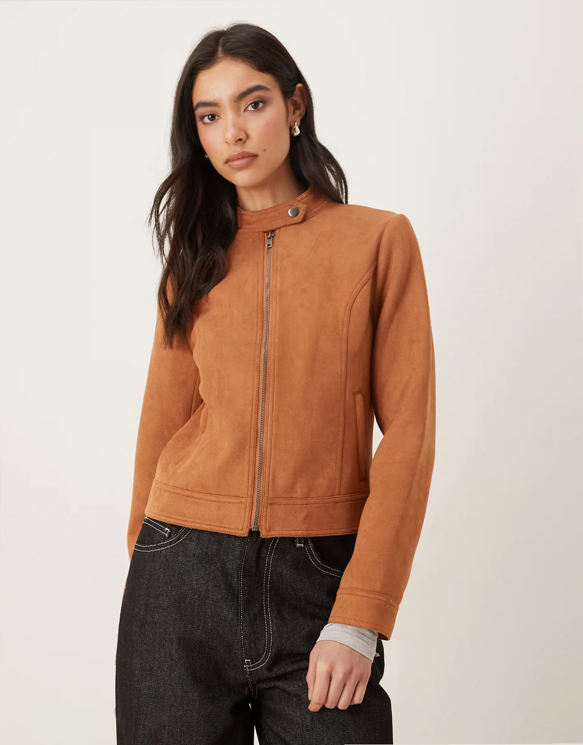 Effie Moto faux suede jacket in tan