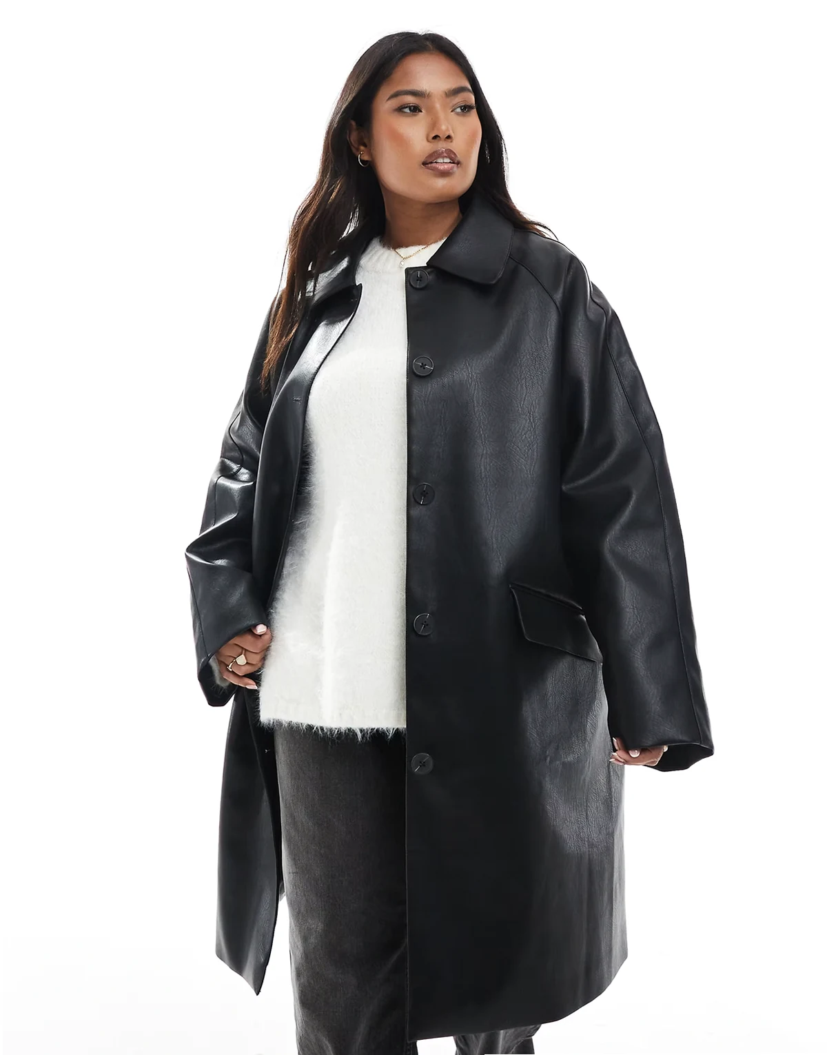 ASOS DESIGN Curve – Czarny płaszcz z imitacji skóry