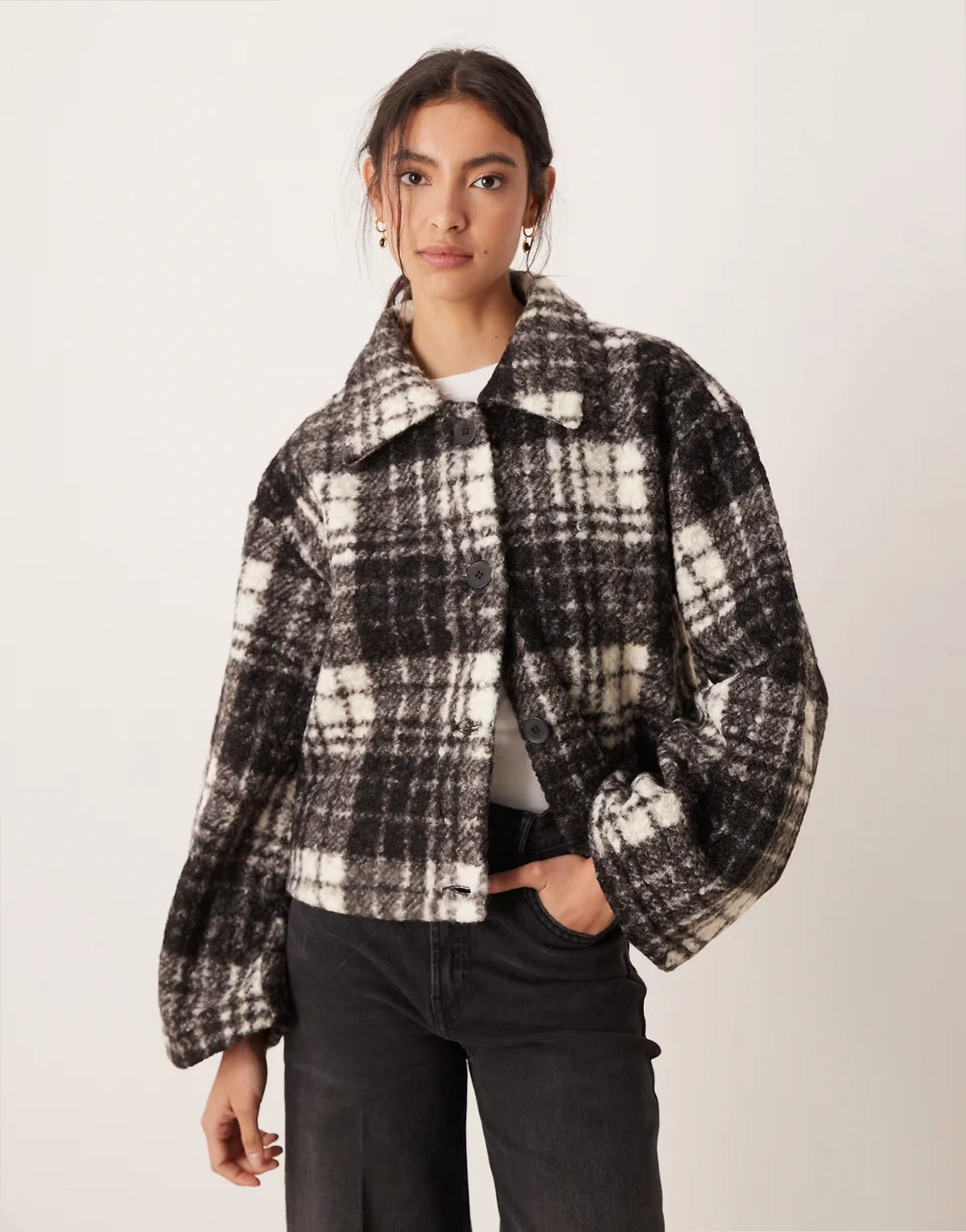 boucle check short jacket in black and white