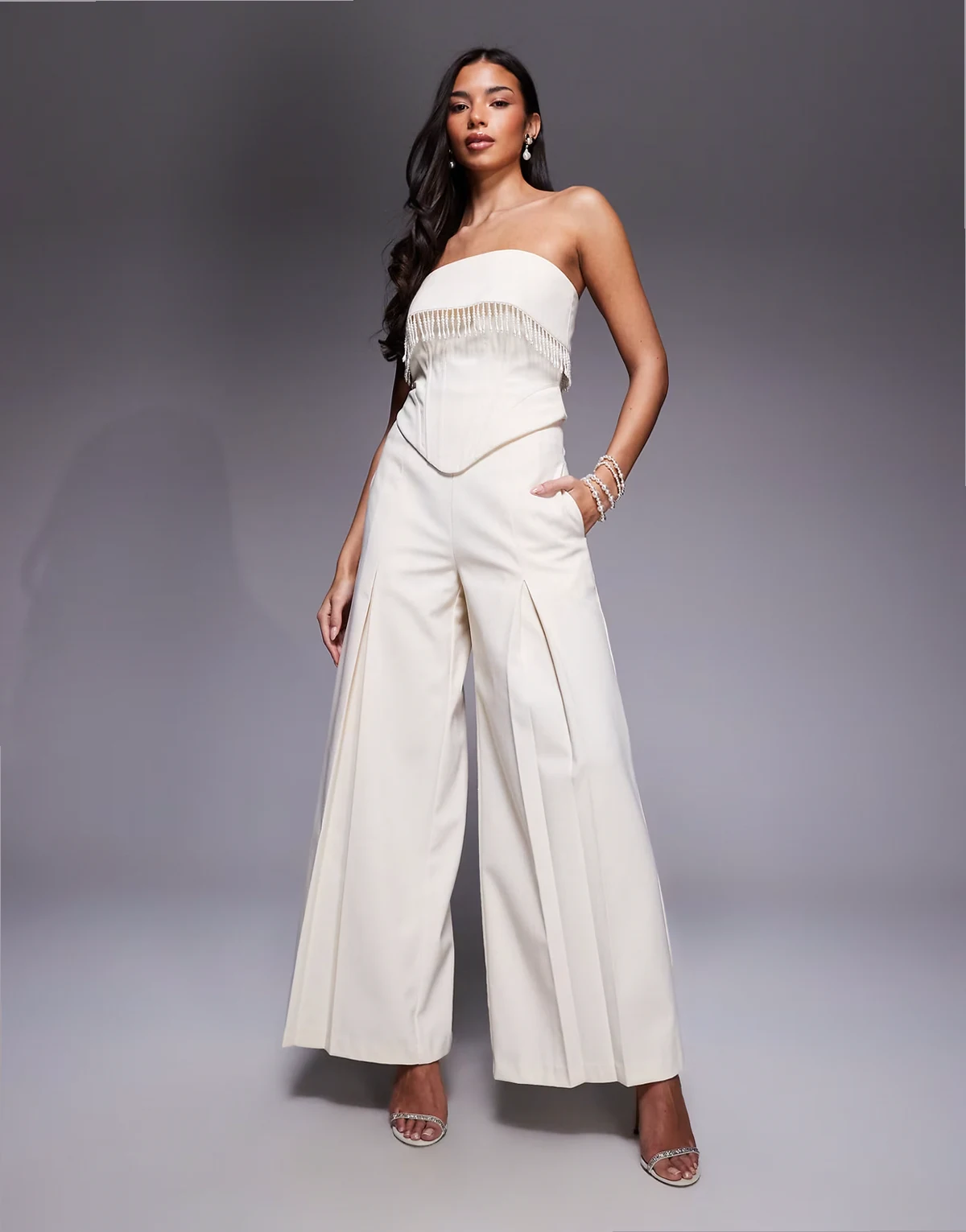 wide leg pleated linen blend pants in cream - part of a set