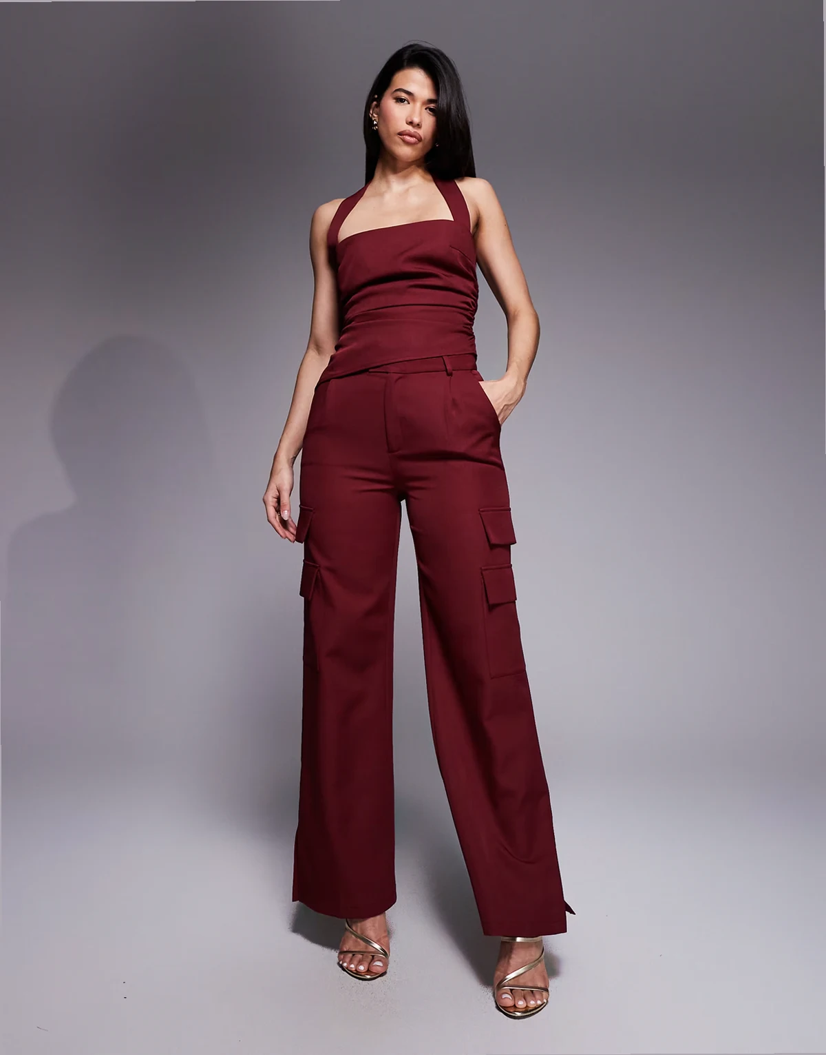 exclusive tailored pocket detail wide leg pants in dark cherry - part of a set