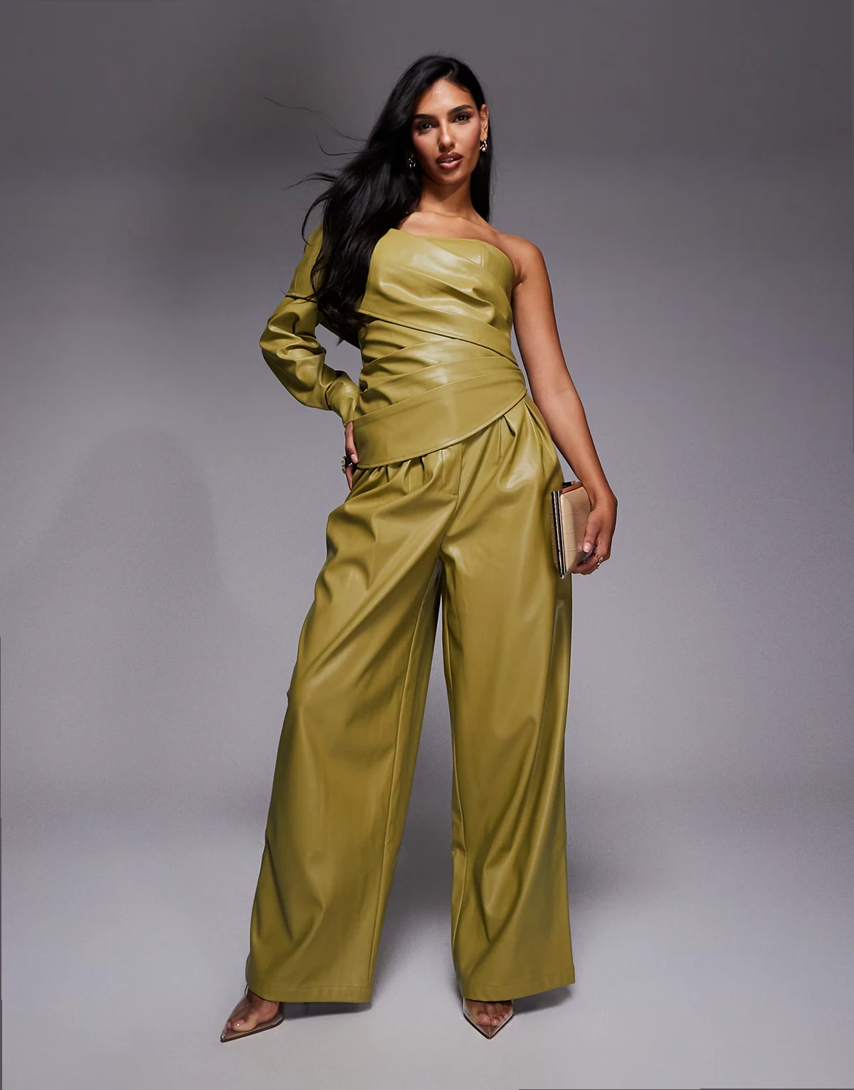 PU wide leg pleated pants in olive green - part of a set