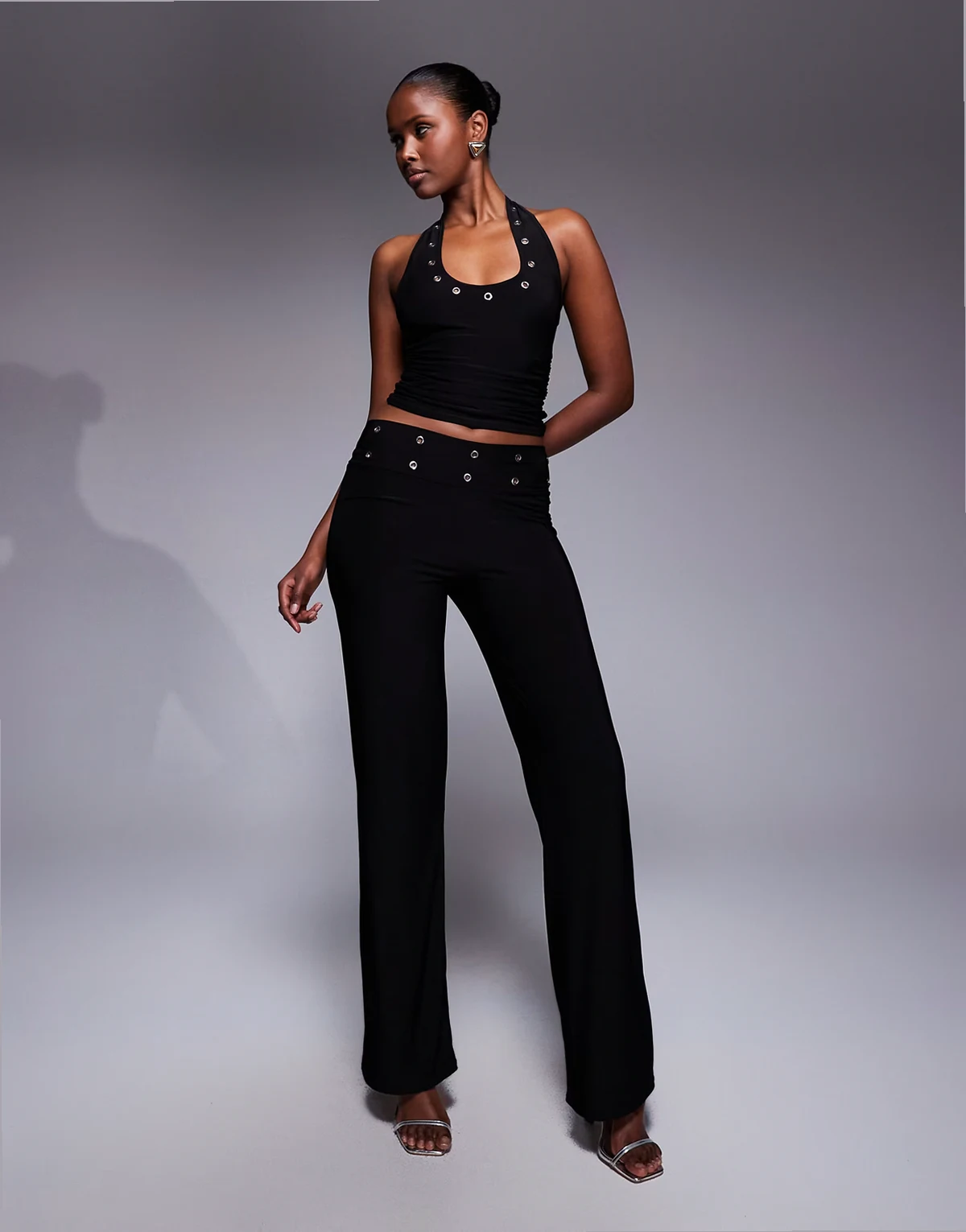exclusive premium soft touch eyelet detail waistband wide leg pants in black - part of a set