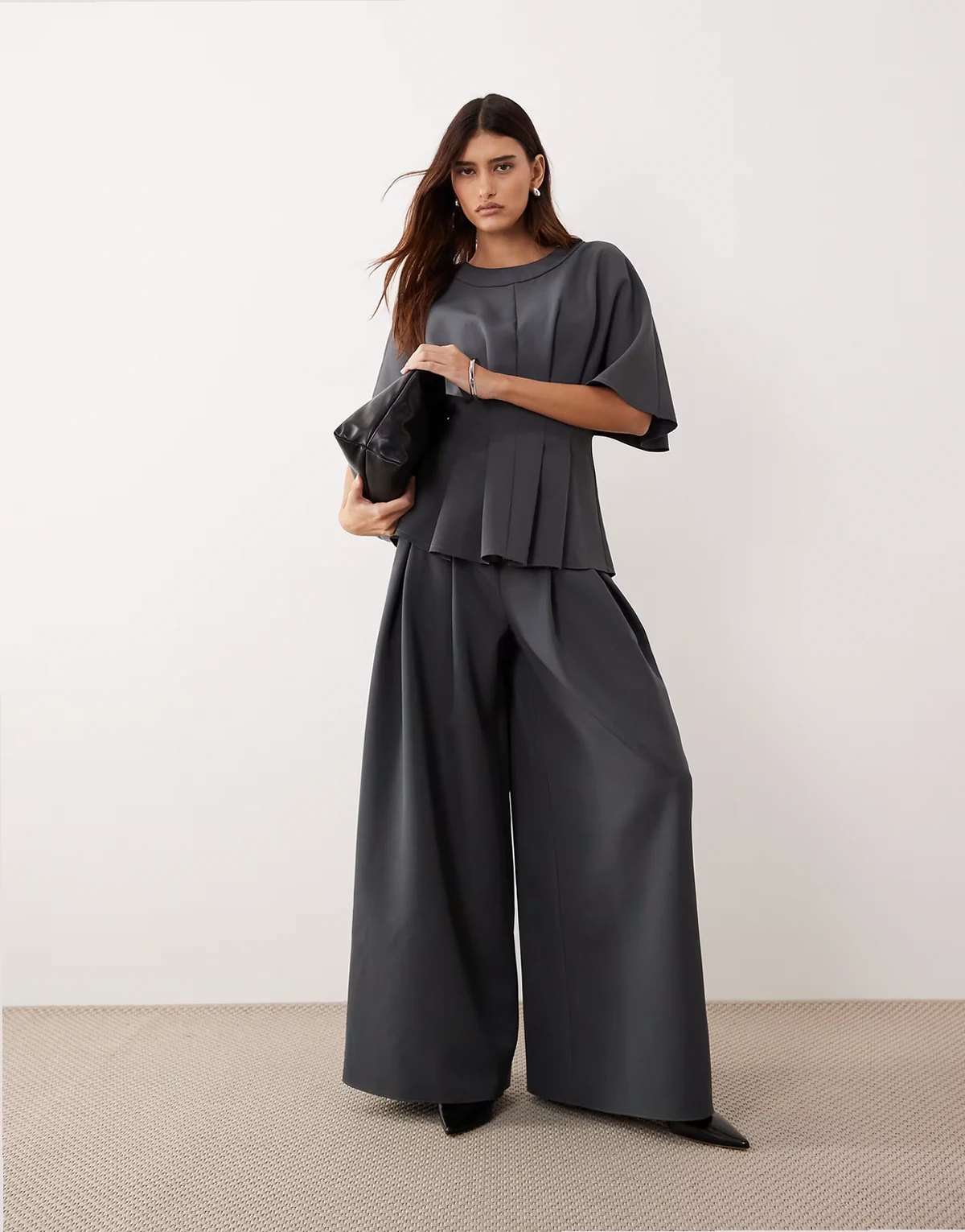 pleat waist tailored wide leg pants in charcoal - part of a set