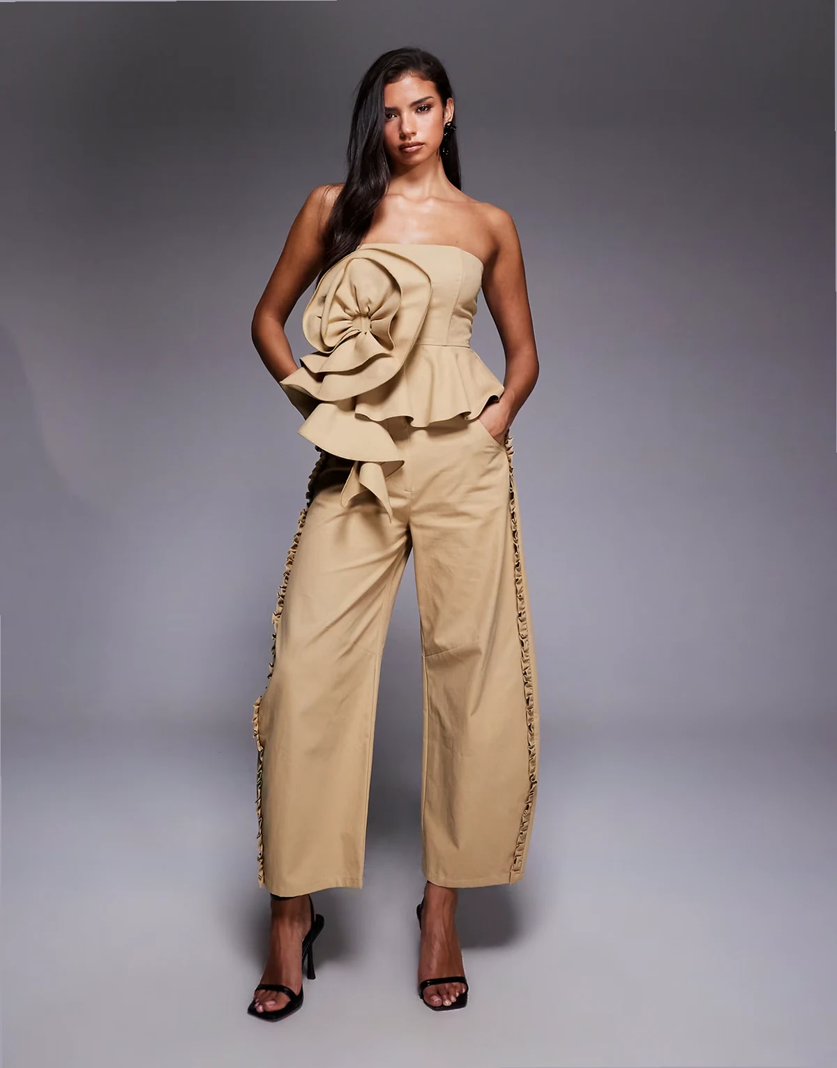 cotton twill barrel pants with ruffle in tan - part of a set