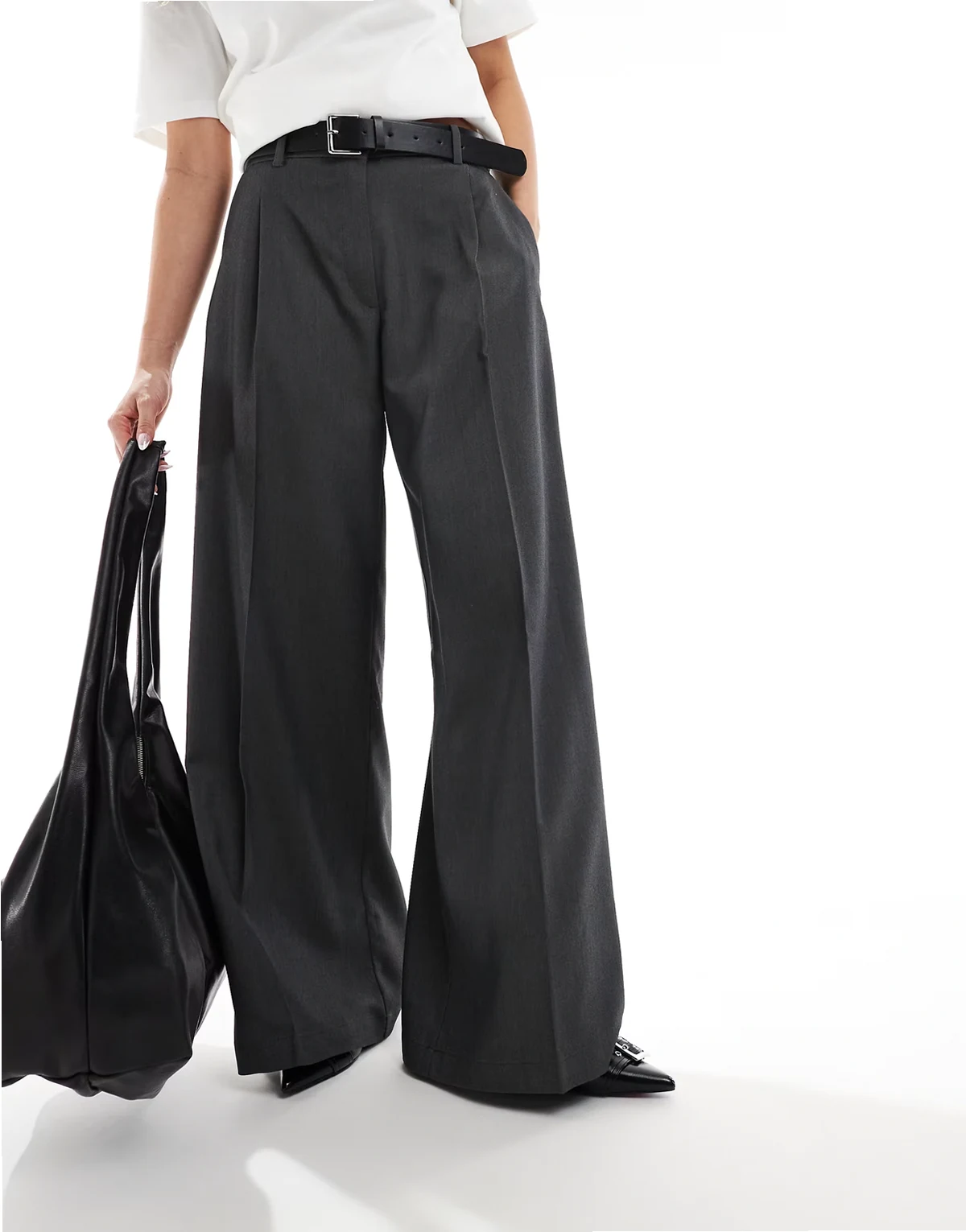 – Elegante Hose in Dunkelgrau meliert mit weitem Schnitt und hohem Bund