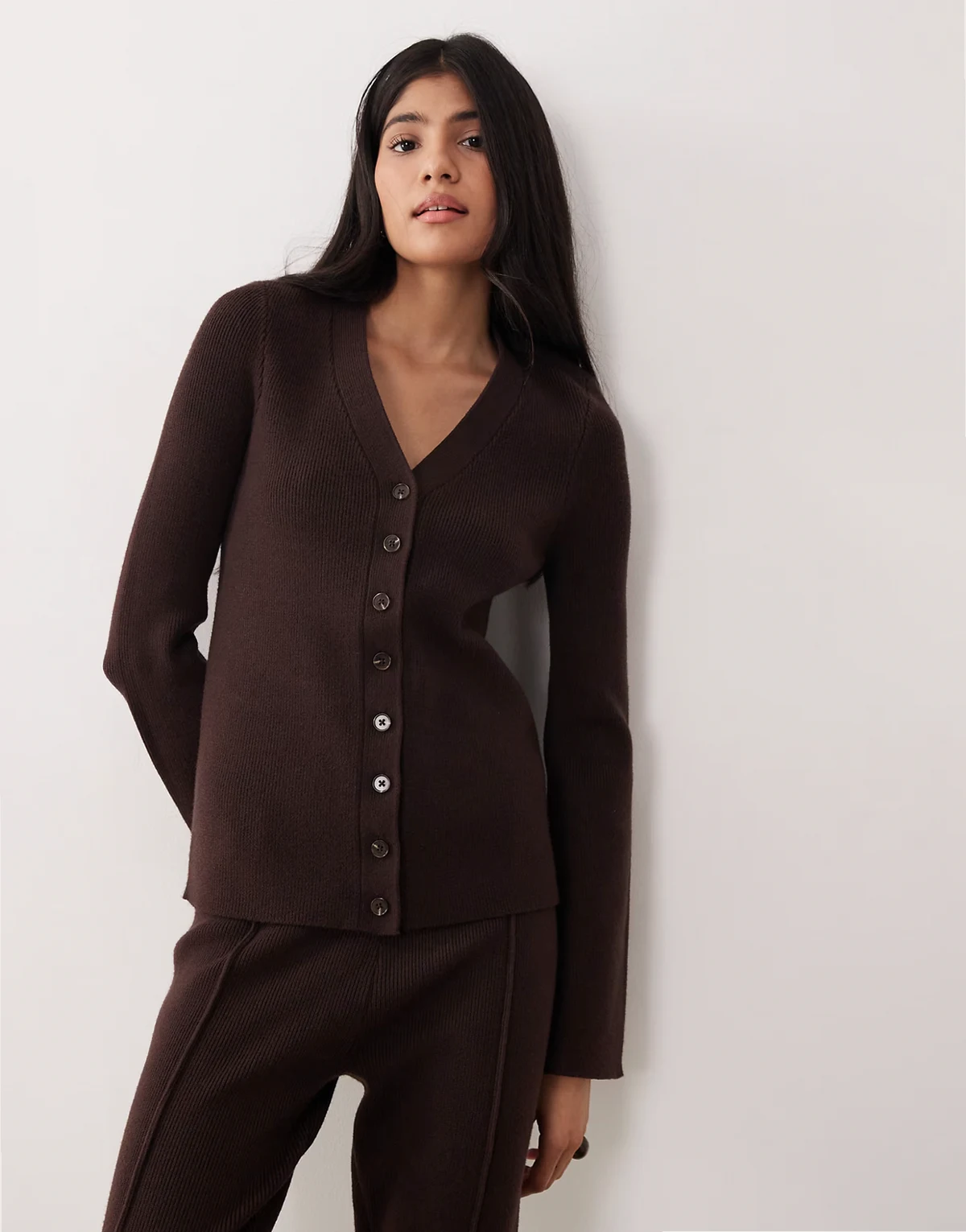 Curve v-neck ribbed cardigan in chocolate - part of a set