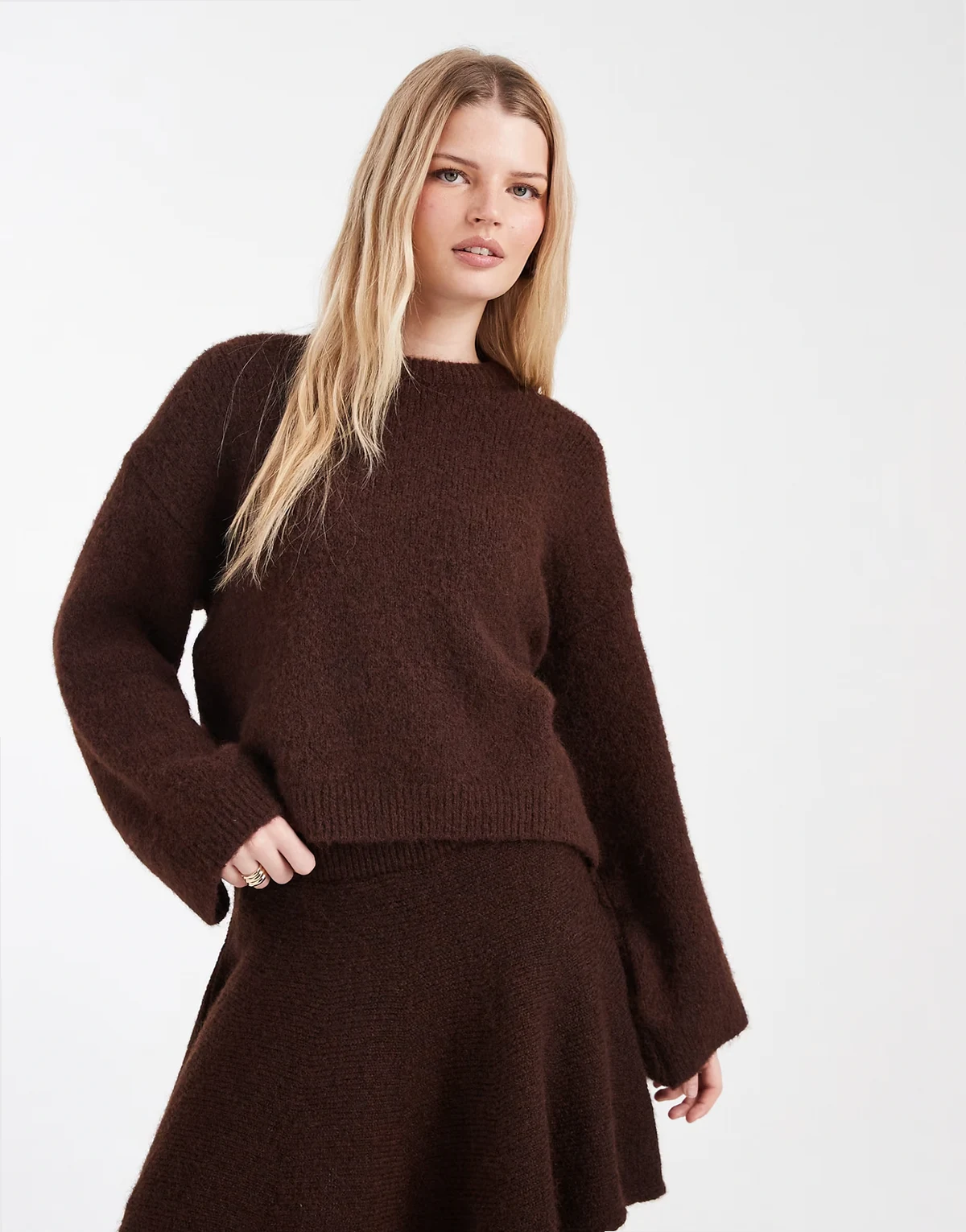 wool look wide sleeve knit sweater in brown - part of a set