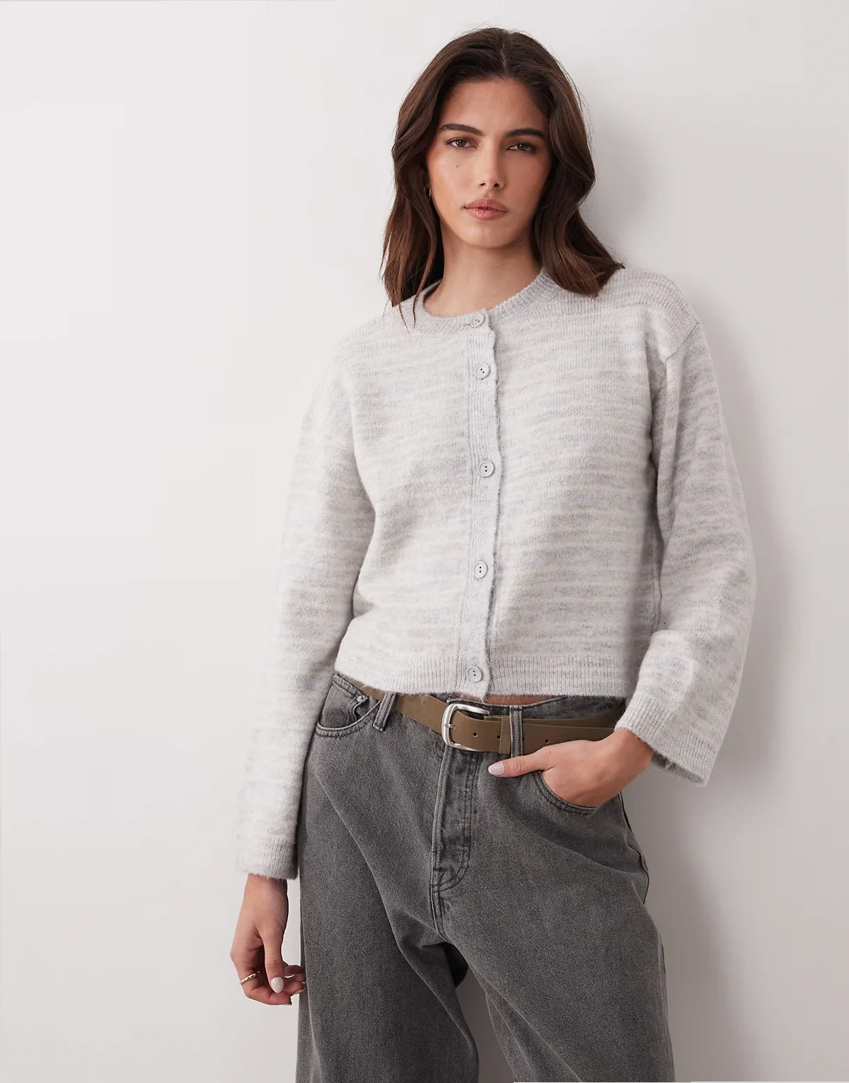 fluffy knit boxy fit cardigan in gray stripe