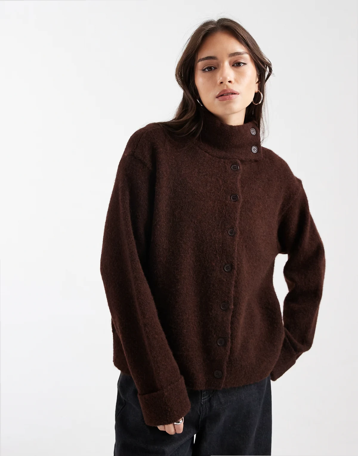 knit oversized funnel neck cardigan with wool in mocha