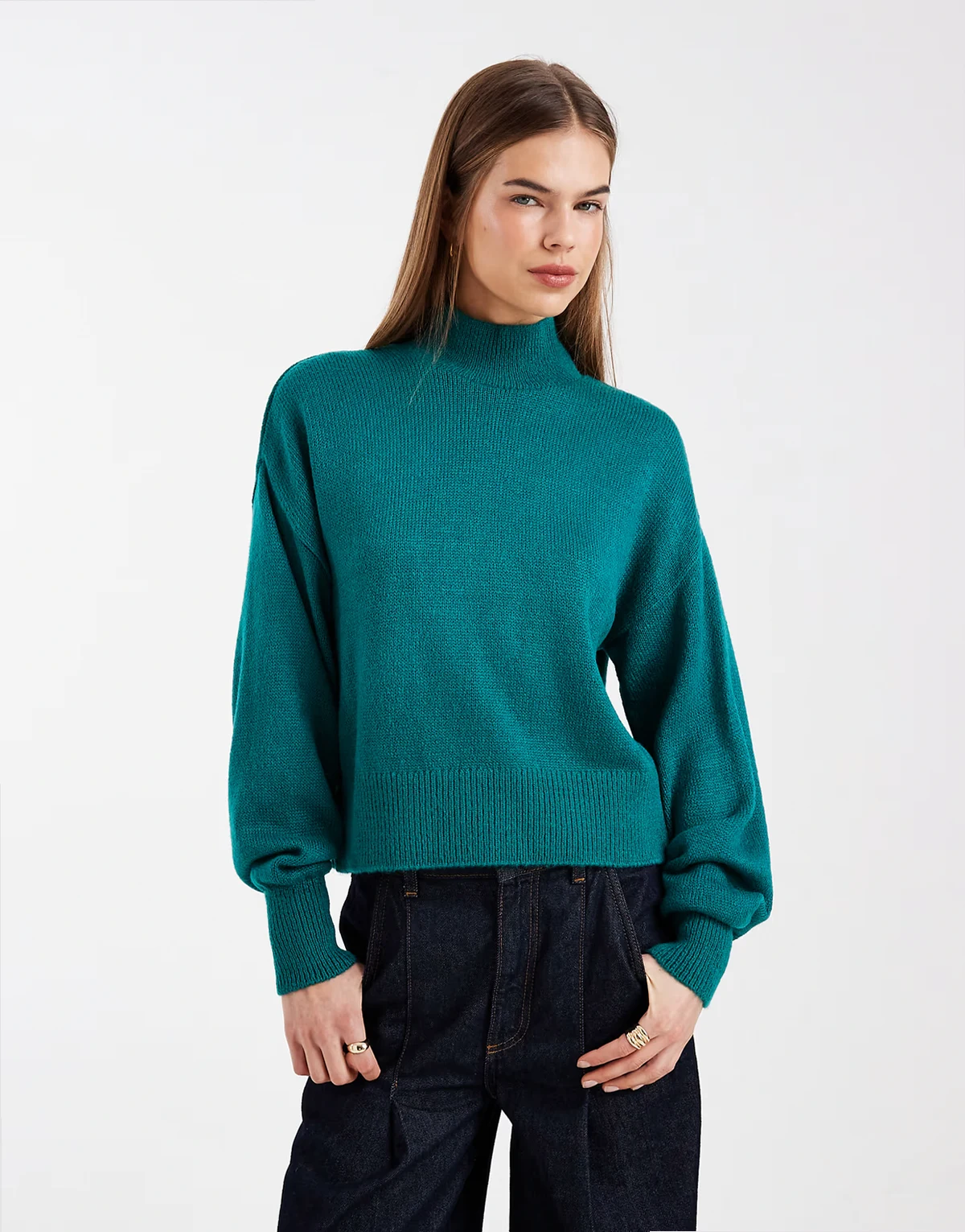 high neck sweater in teal