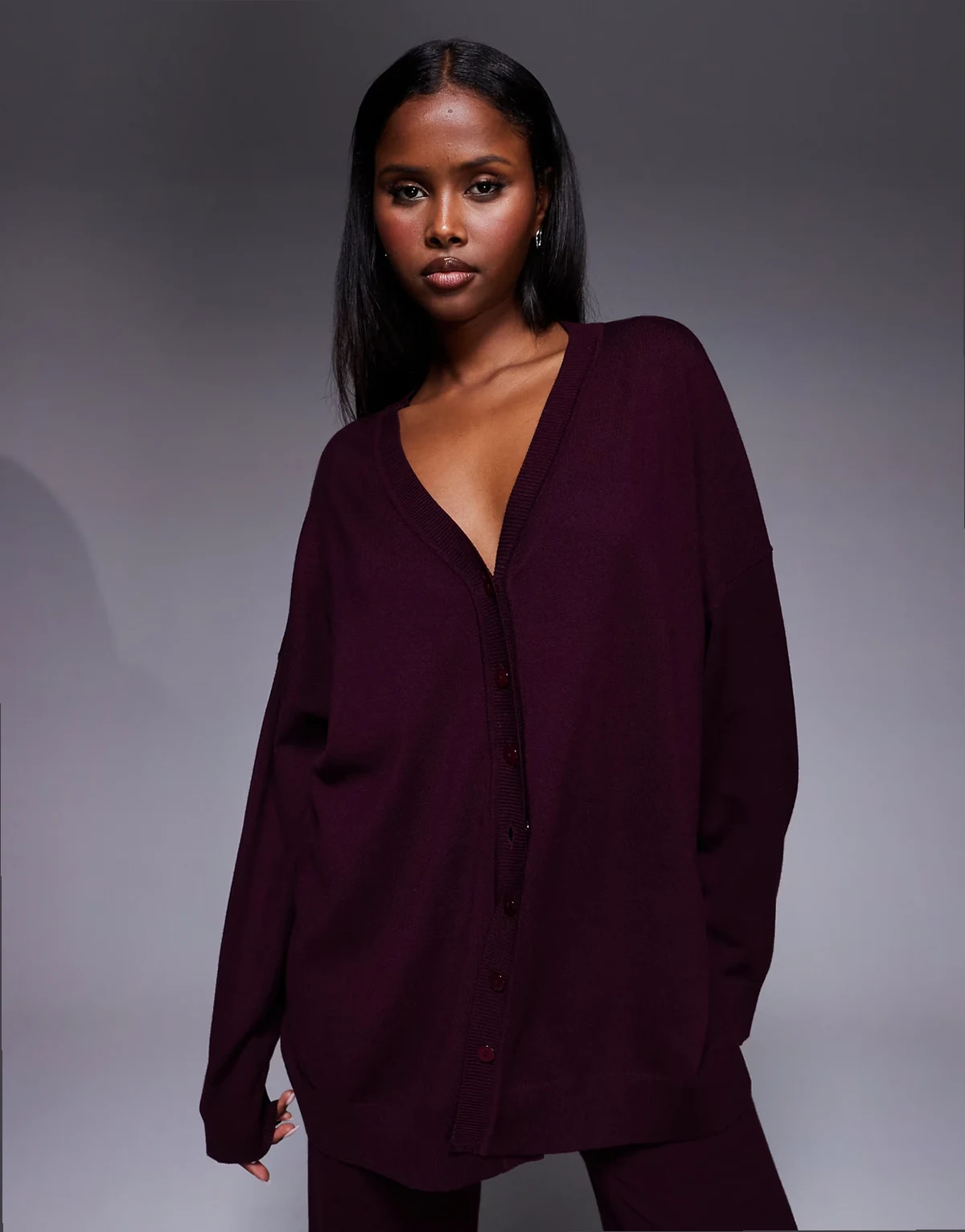 Exclusive V-front button through knit relaxed longline cardigan in burgundy - part of a set