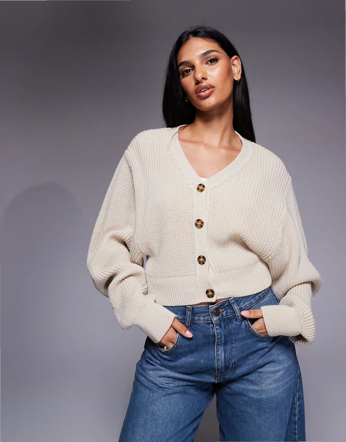 exclusive v-front button up balloon sleeve cardigan in oatmeal