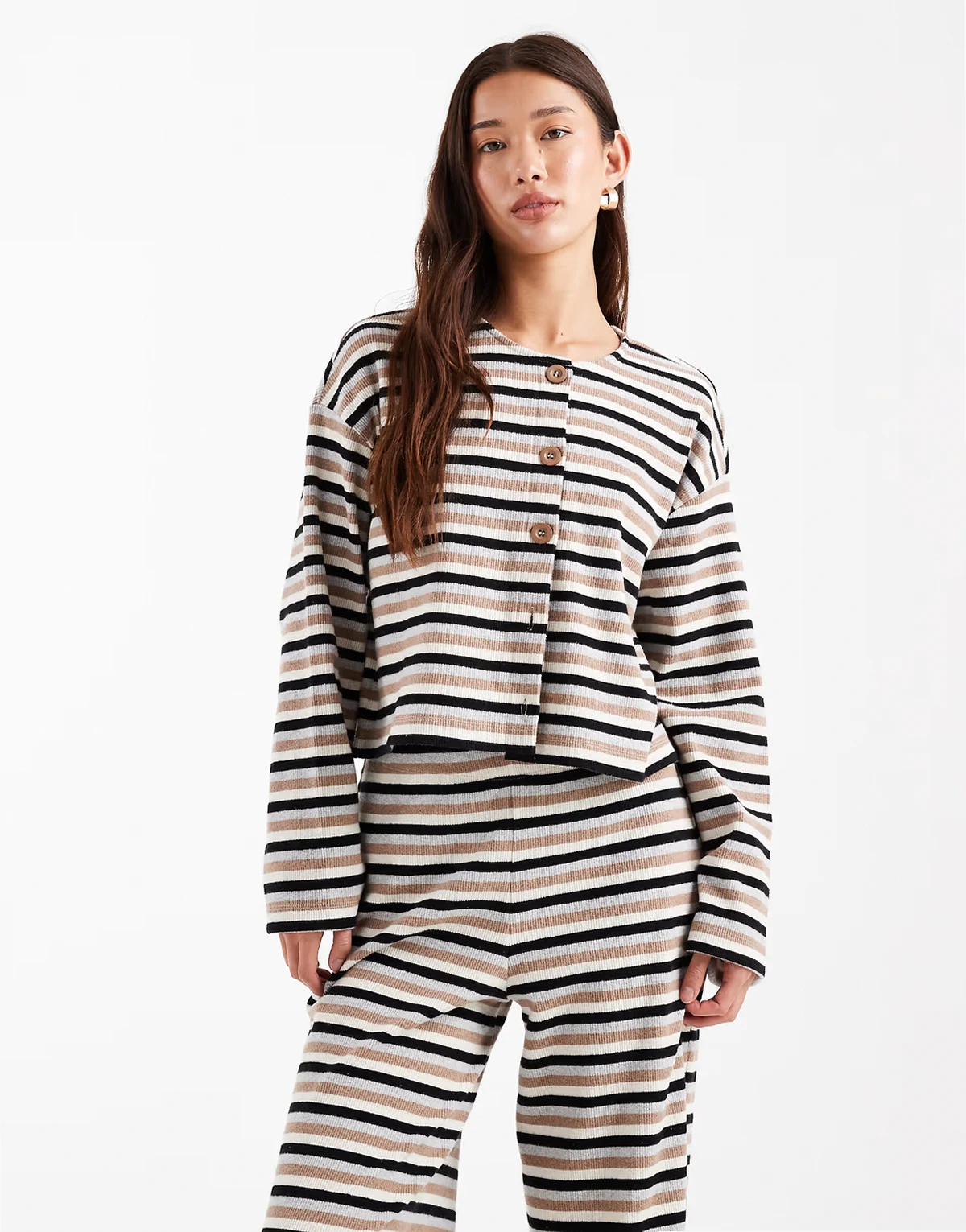 striped brushed rib knit cardigan - part of a set