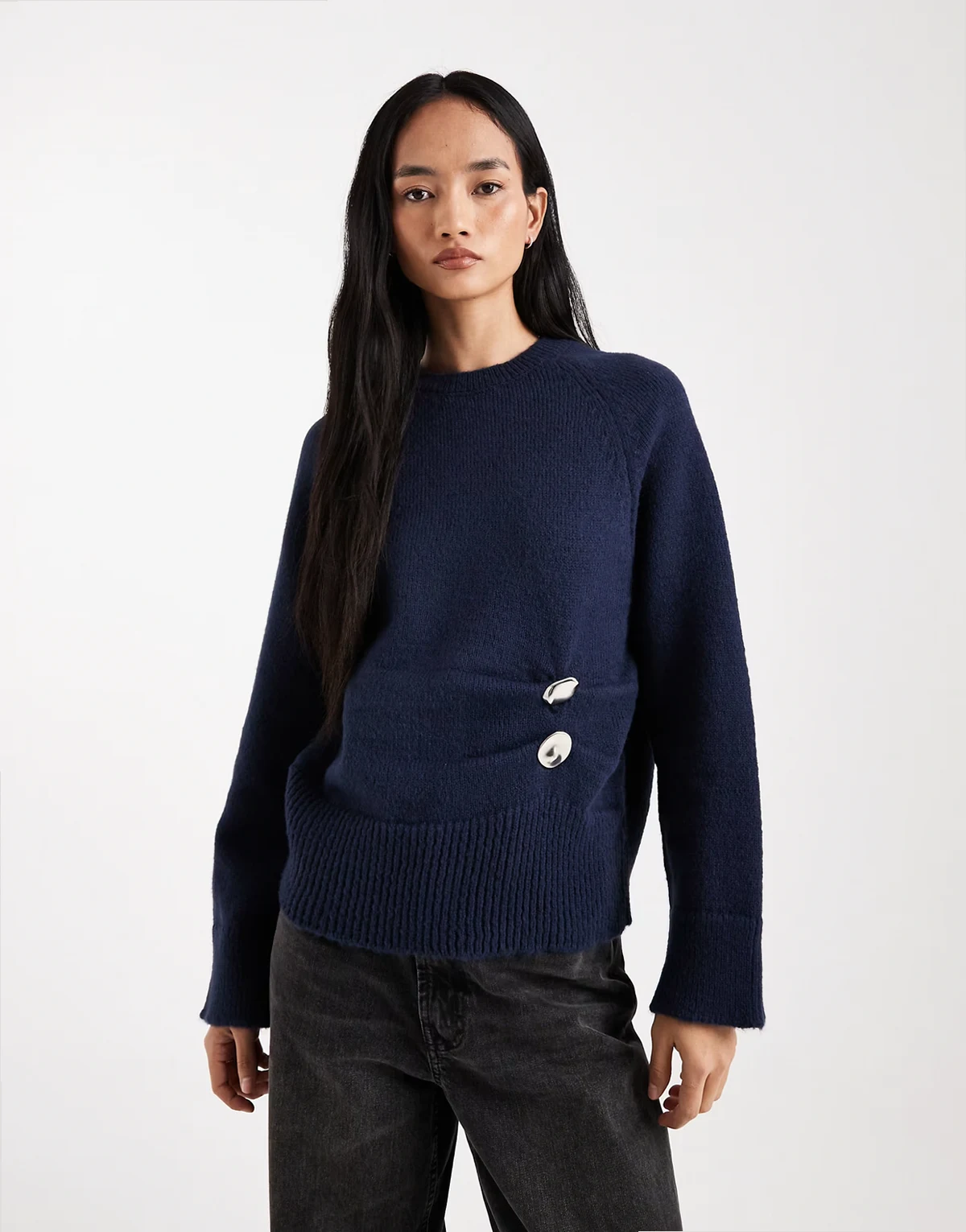 fluffy knit sweater with metal hardware in navy