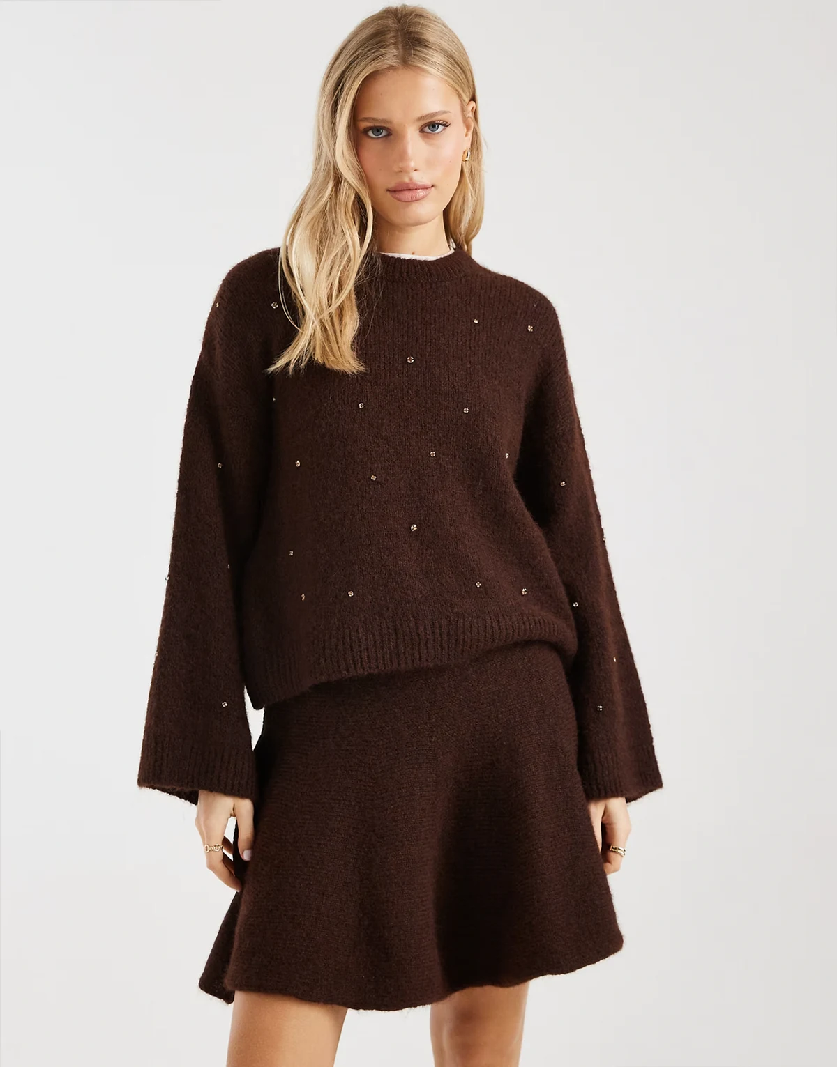 wool look knit wide sleeve sweater and cluster embellishments in brown