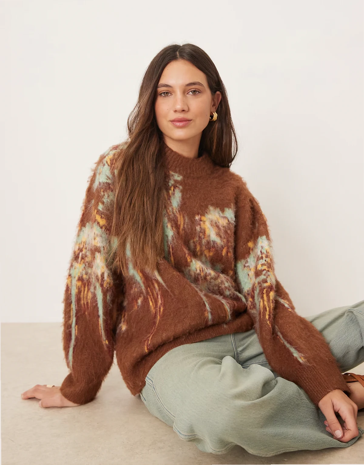 brushed abstract floral oversized crew neck sweater in brown