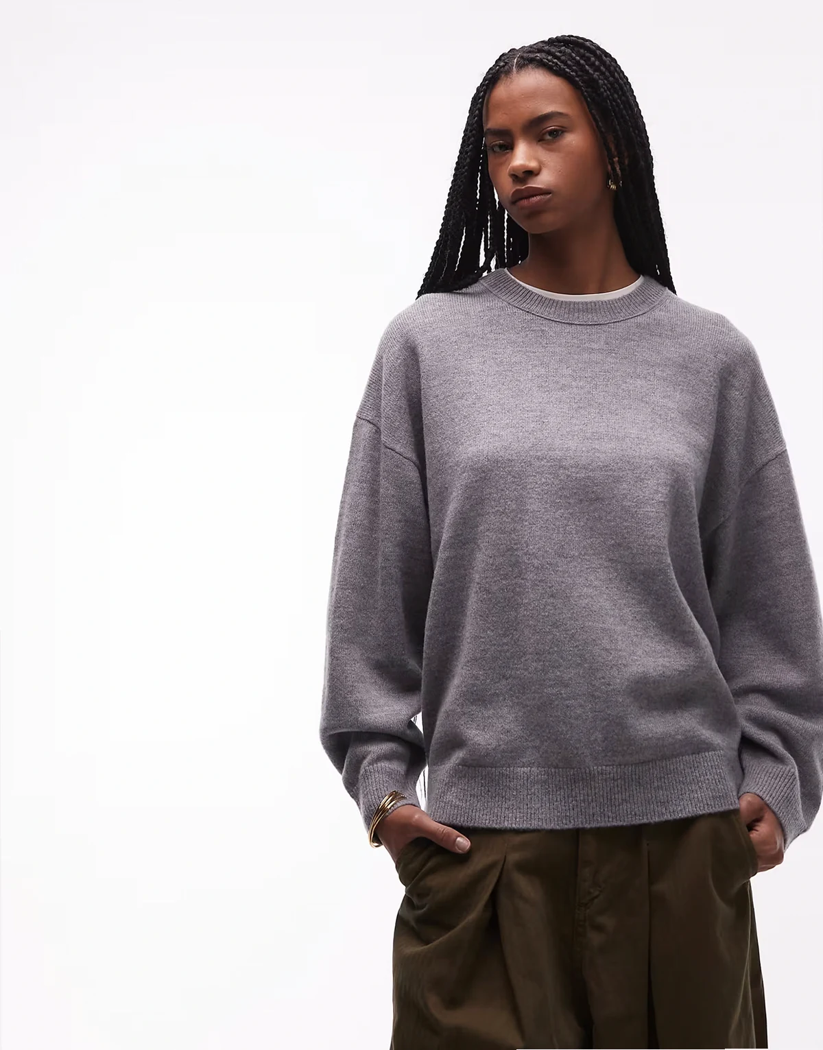 – Oversize-Pullover aus Wollmix in meliertem Grau