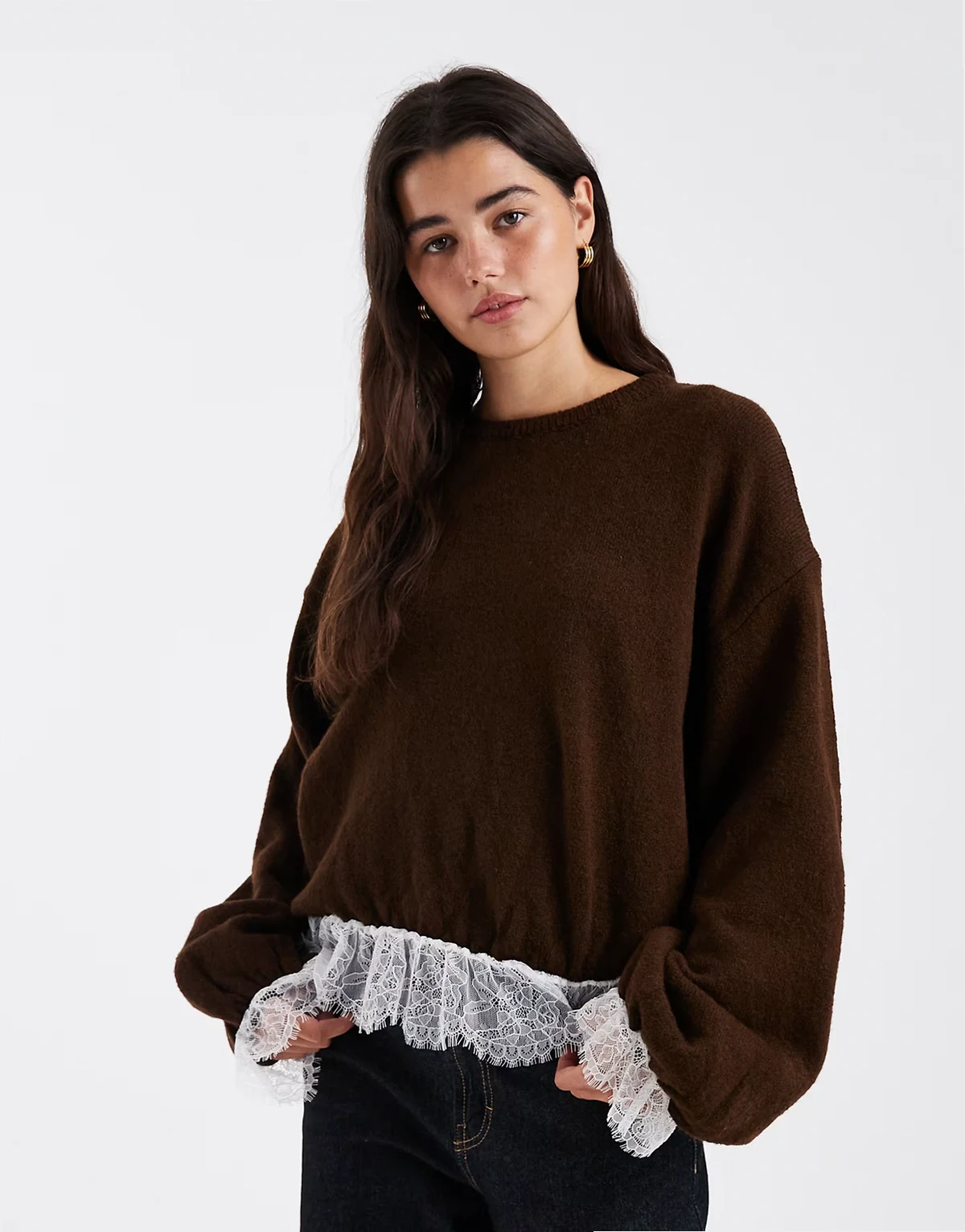 knit bubble hem sweater with lace hem in brown