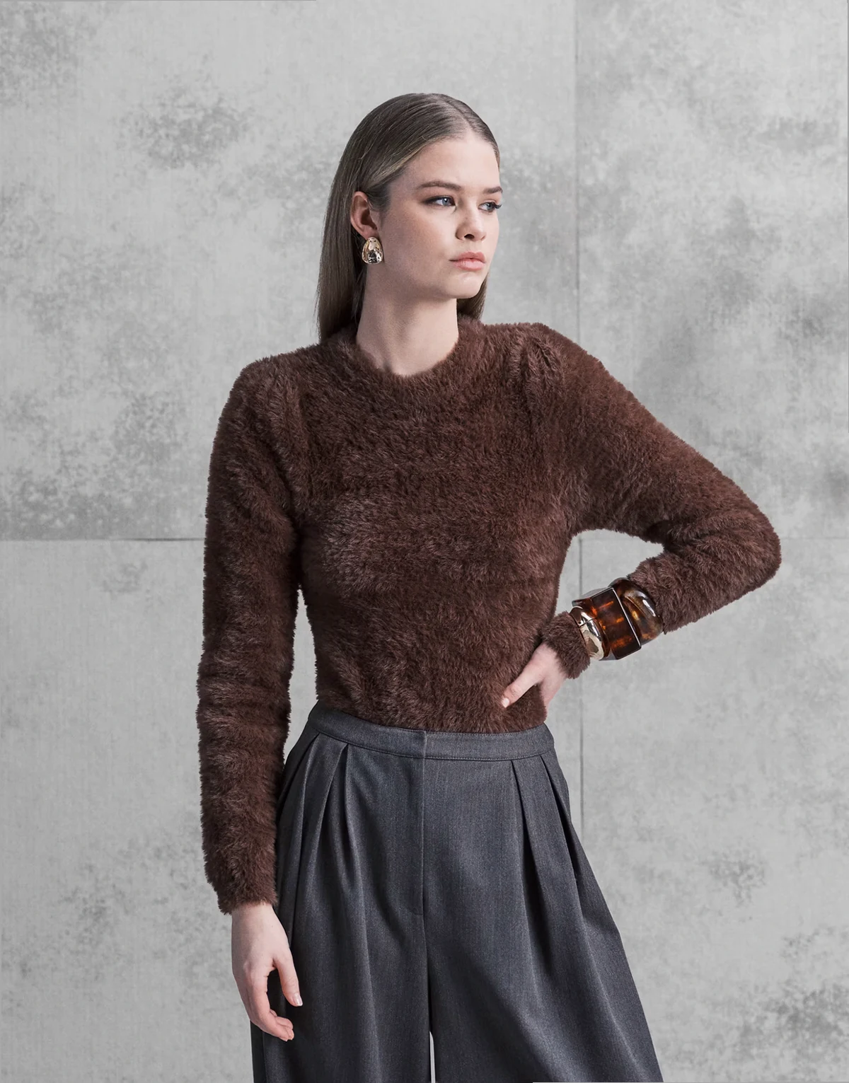 fluffy body suit in chocolate