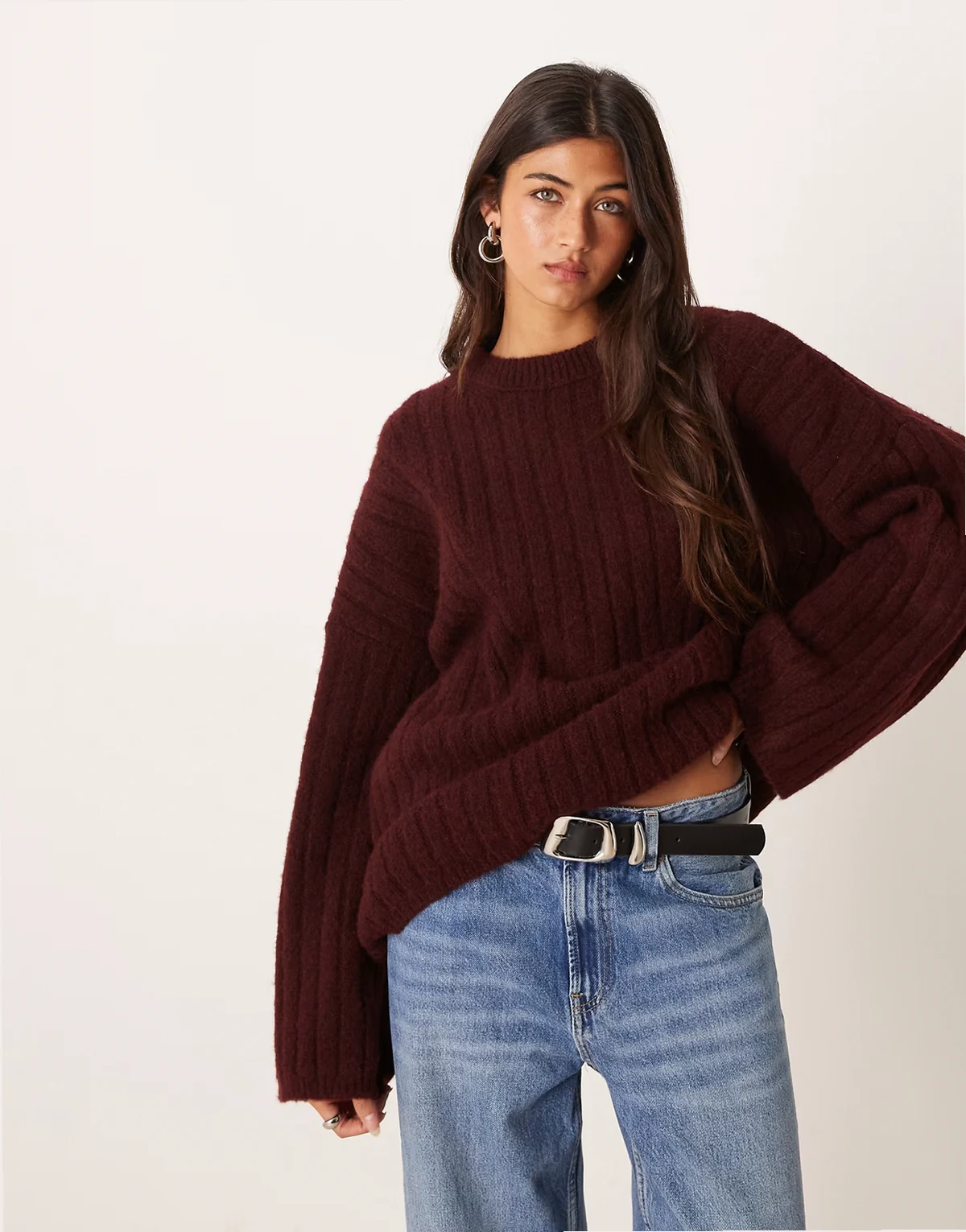 longline ribbed crew neck sweater in plum