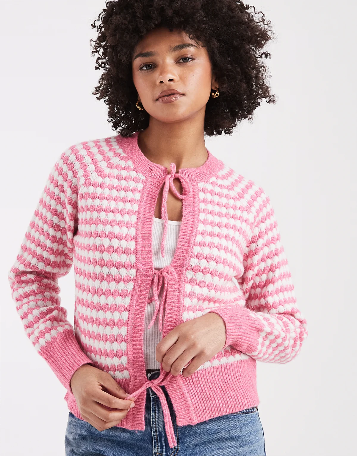 tie front knit cardigan in pink and white stripe