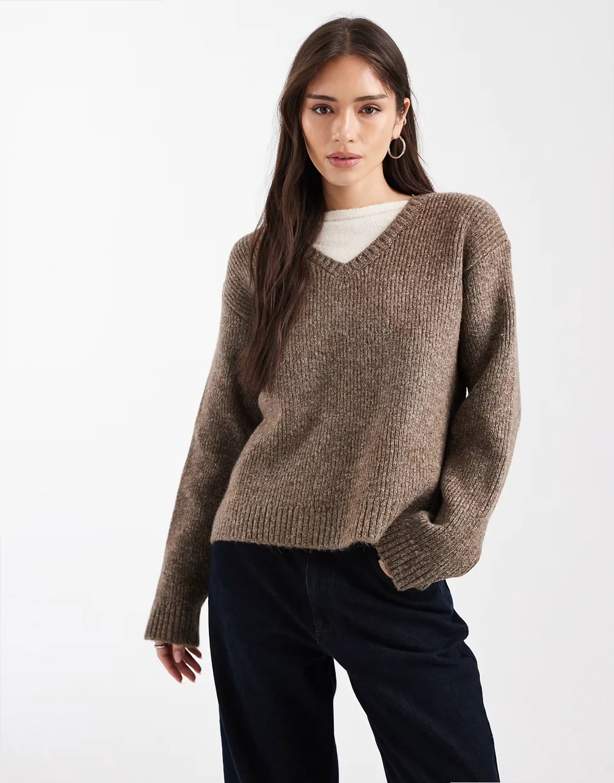 double layered v neck sweater in mocha