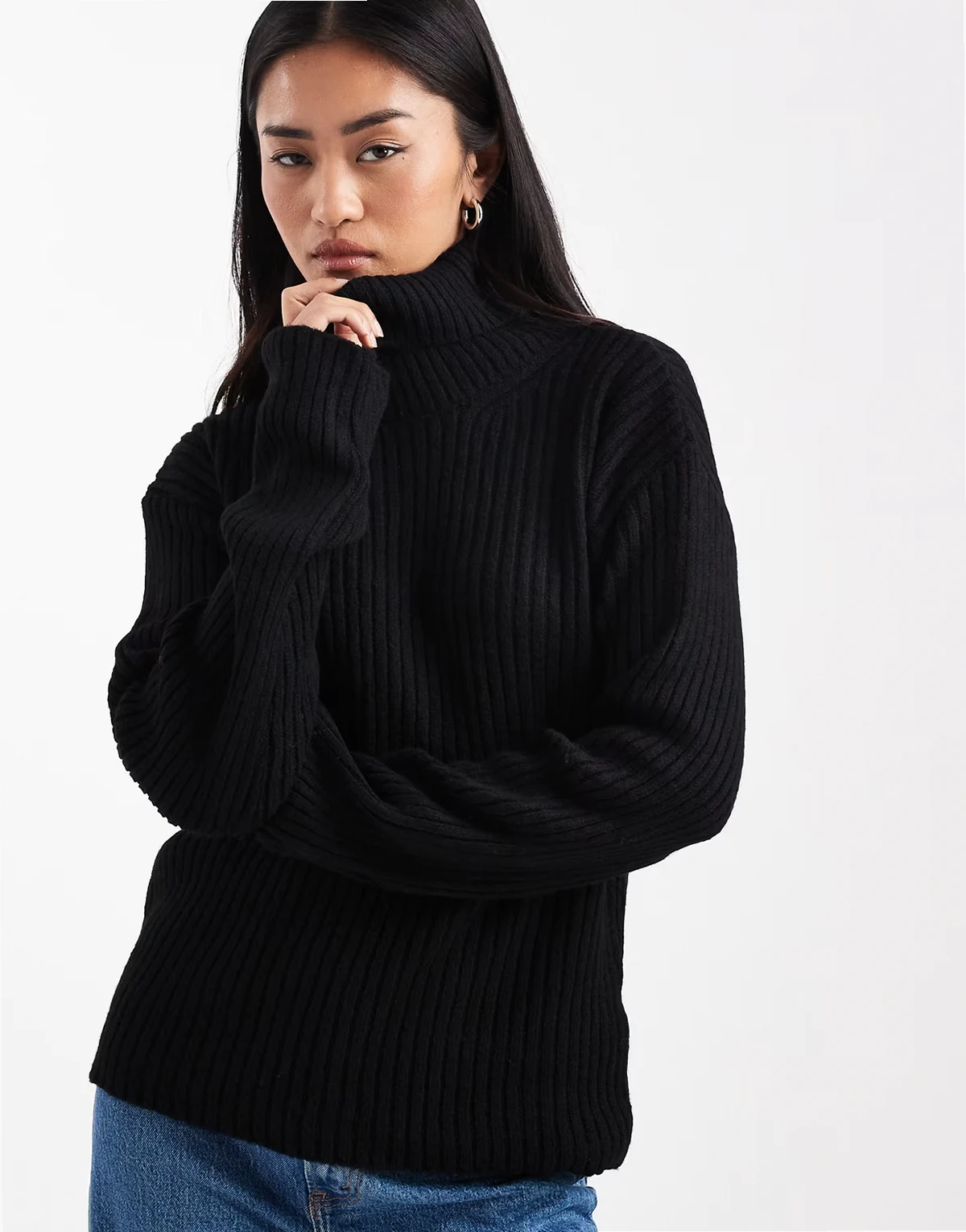 knitted funnel neck sweater in black