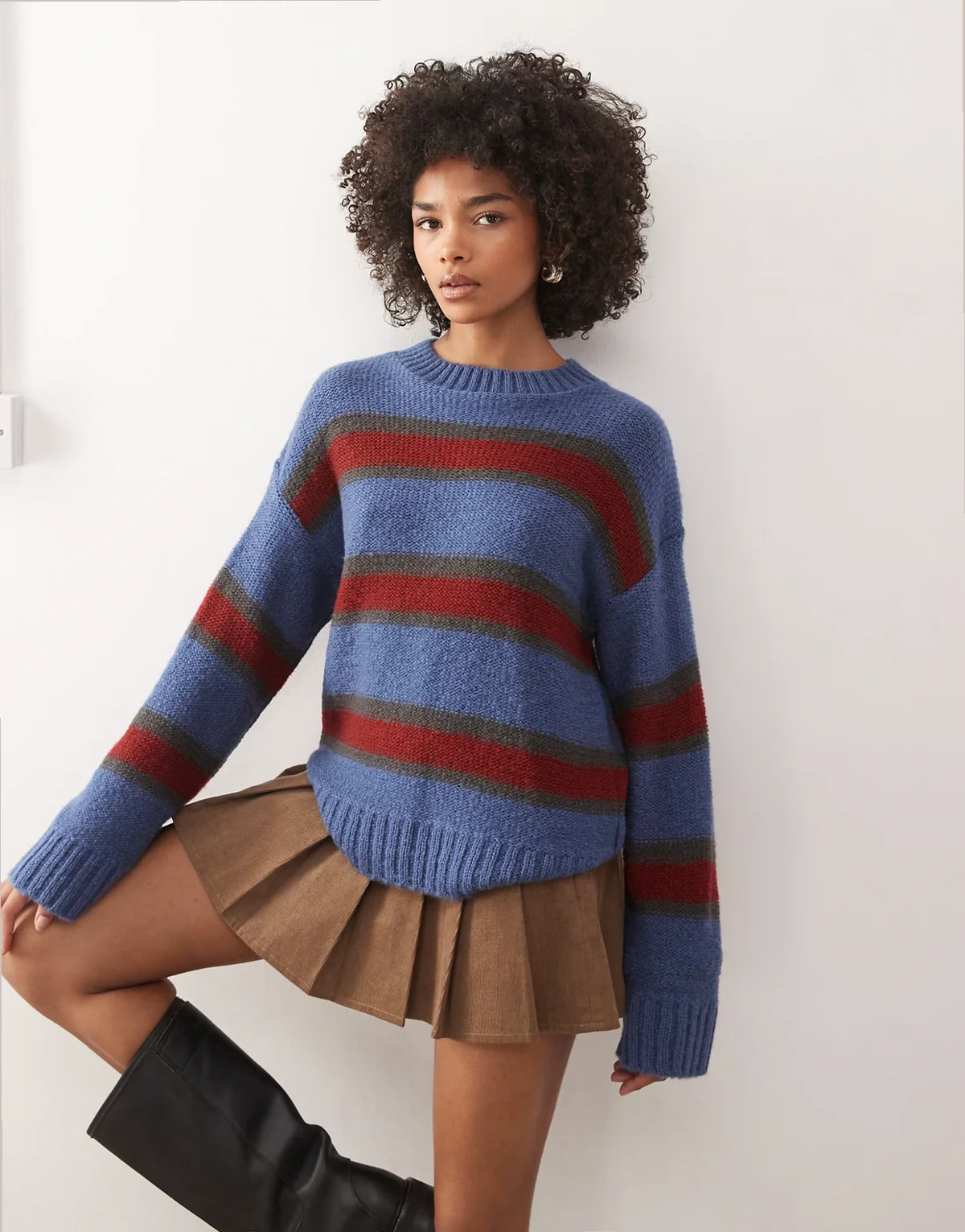 clean knit sweater in blue multi stripe