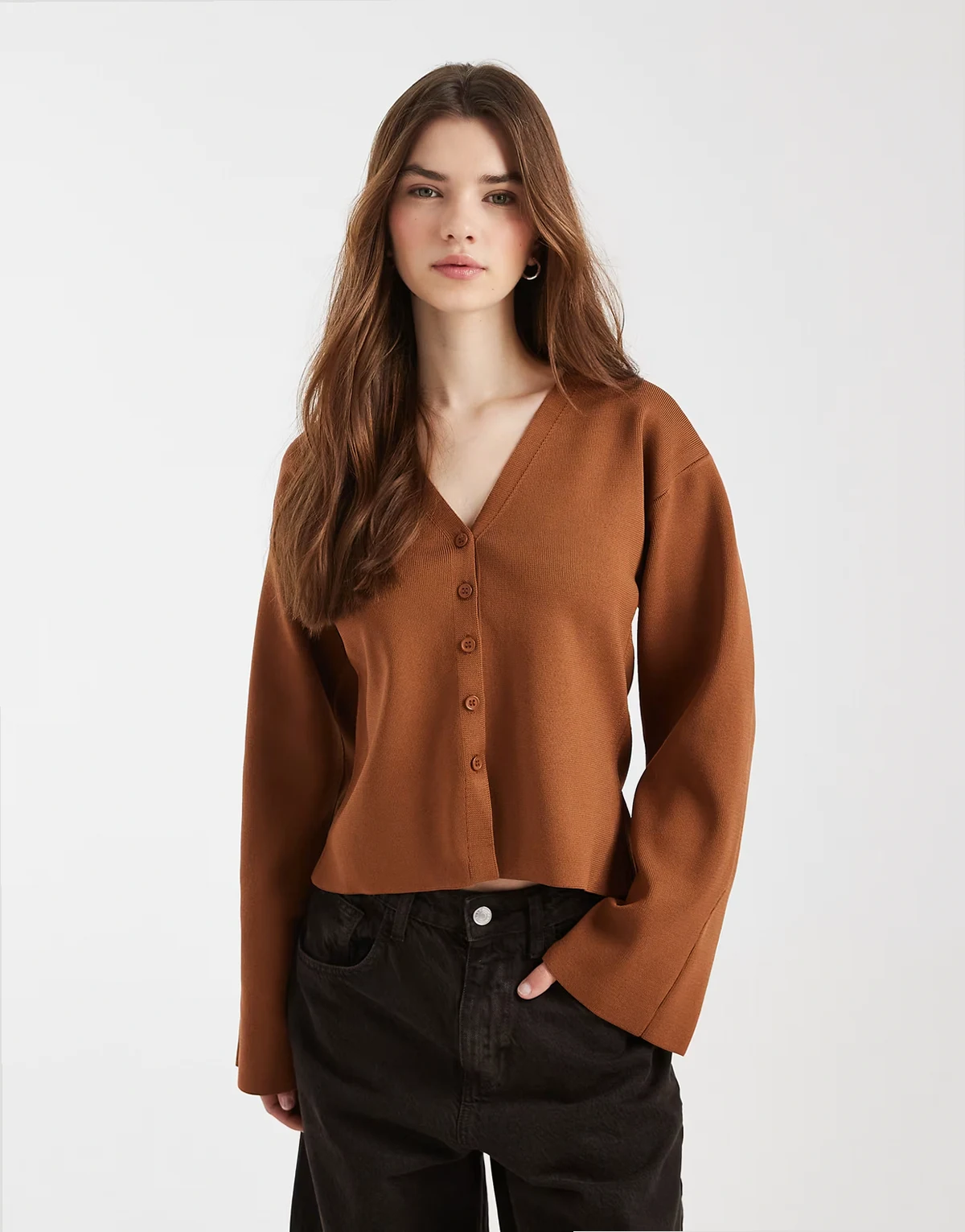 structured knit v-neck cardigan in brown