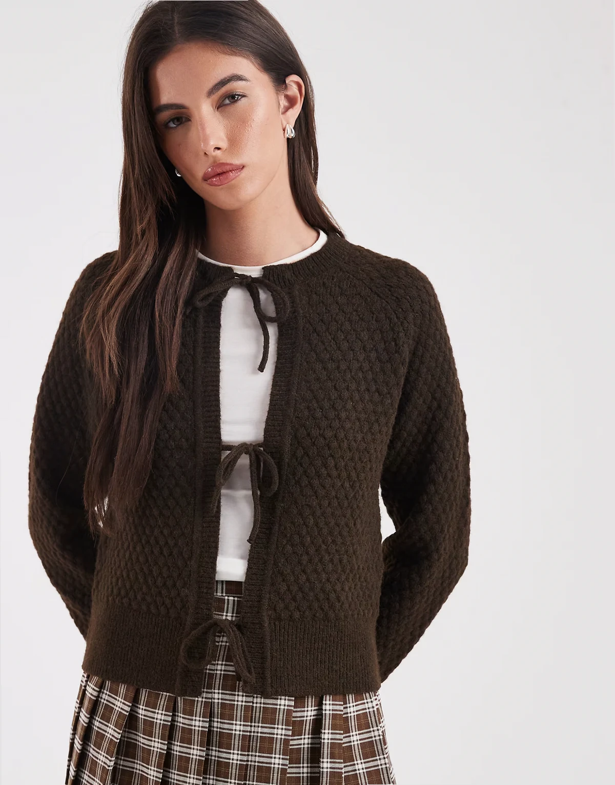 tie front knit cardigan in chocolate brown