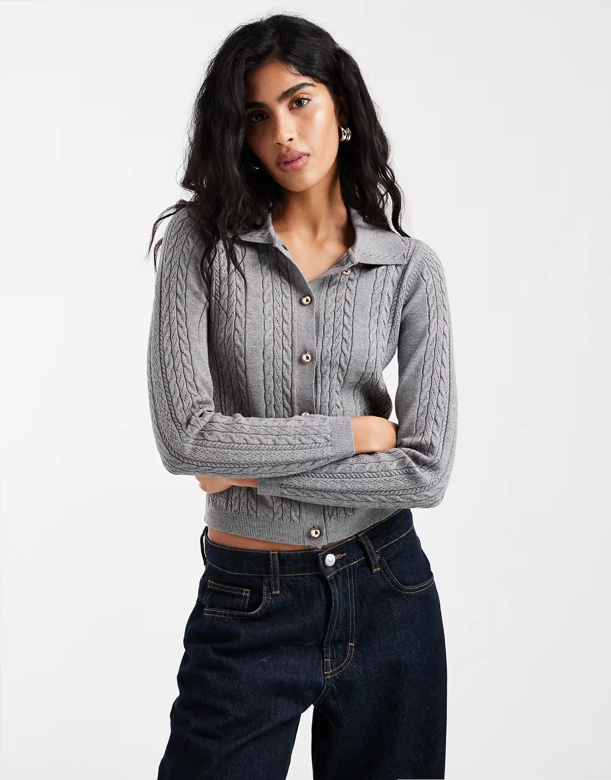 cable knit cardigan with collar in gray