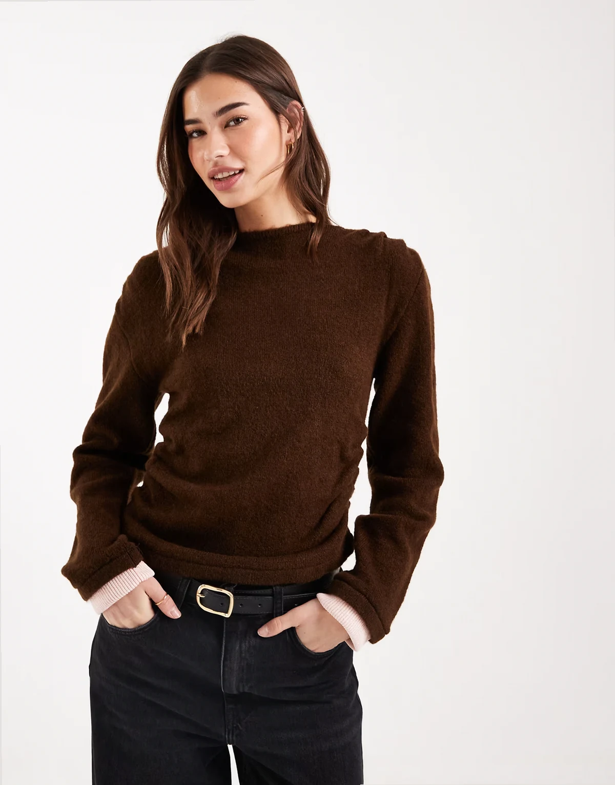 double layer cinched sweater in choc and contrast pink