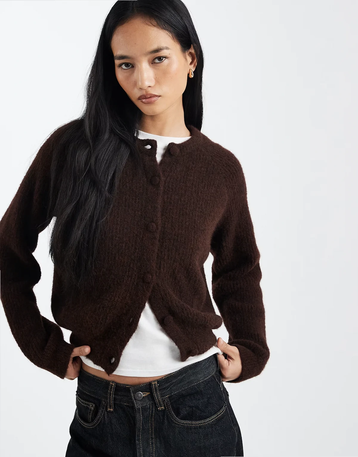 knit bubble hem cardigan with wool in brown